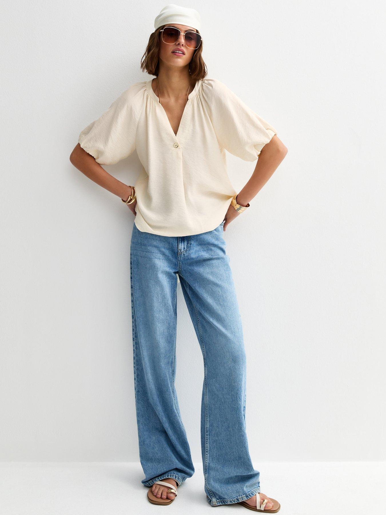  image of new-look-puff-sleeve-v-neck-blouse-off-white