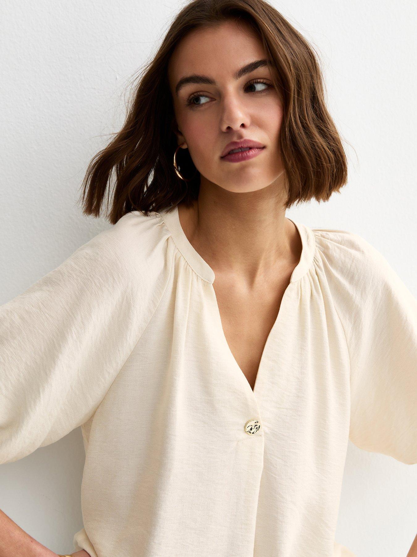  image of new-look-puff-sleeve-v-neck-blouse-off-white