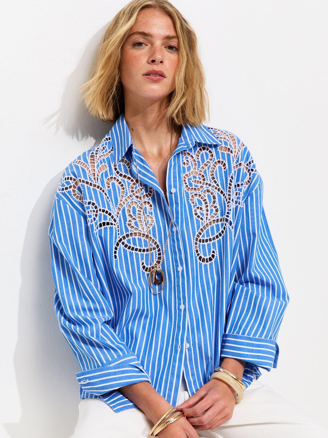 New Look Lace Cutout Pinstripe Shirt - Blue