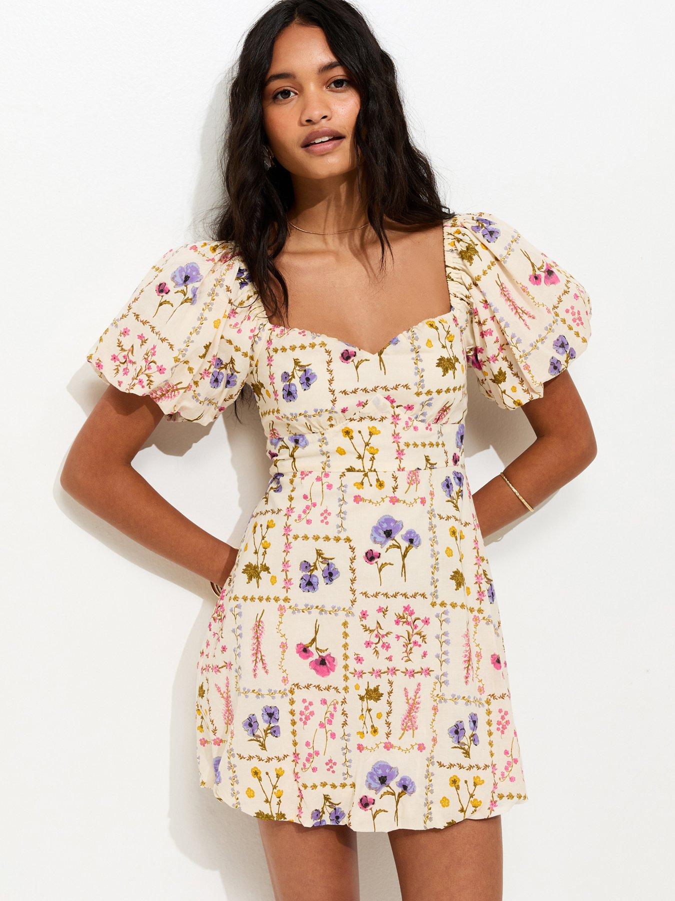 New Look Cream Botanical Print Milkmaid Mini Dress