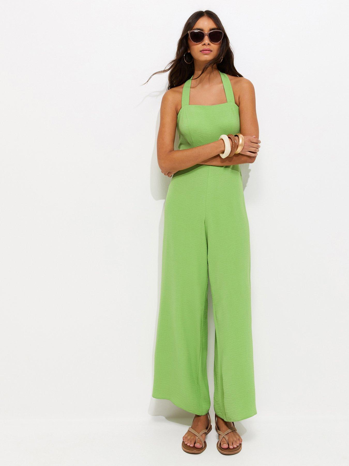 New Look Square Neck Halter Strap Jumpsuit - Bright Green