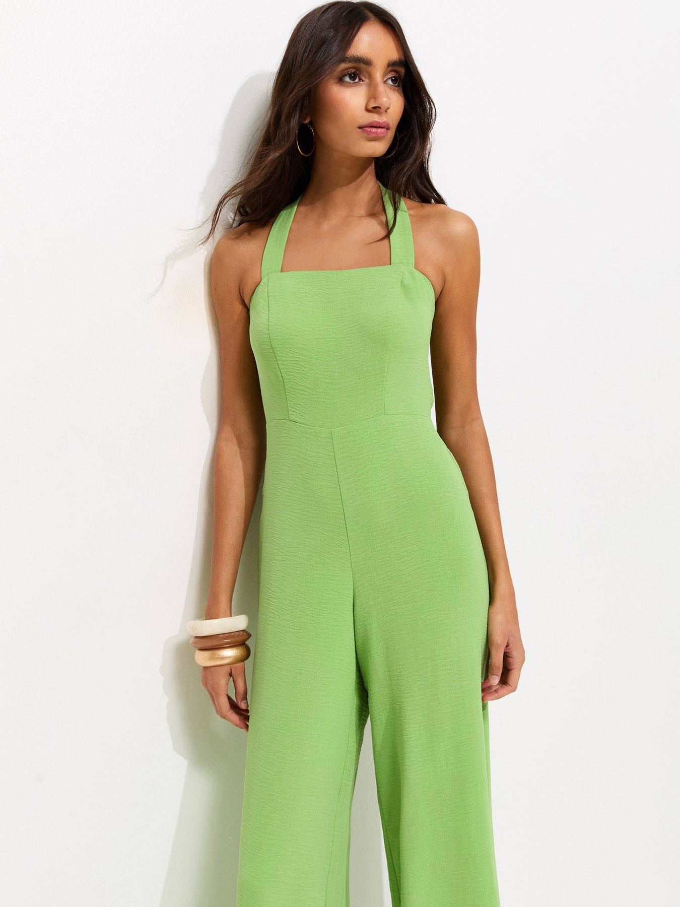 Image 3 of 5 of New Look Square Neck Halter Strap Jumpsuit - Bright Green