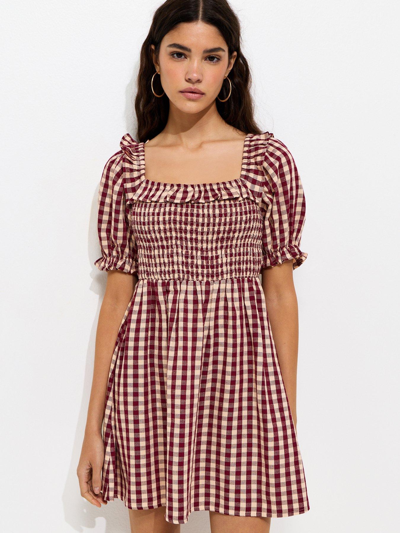 New Look Dark Pink Gingham Short Sleeve Shirred Frill Mini Dress