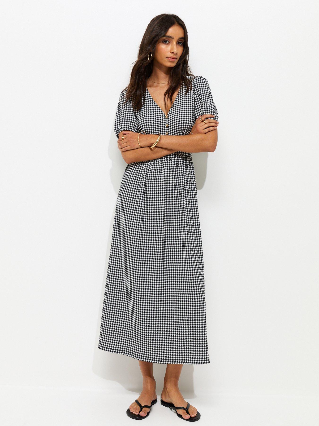 New Look Crinkled Texture Gingham Button Front Mini Dress - Black