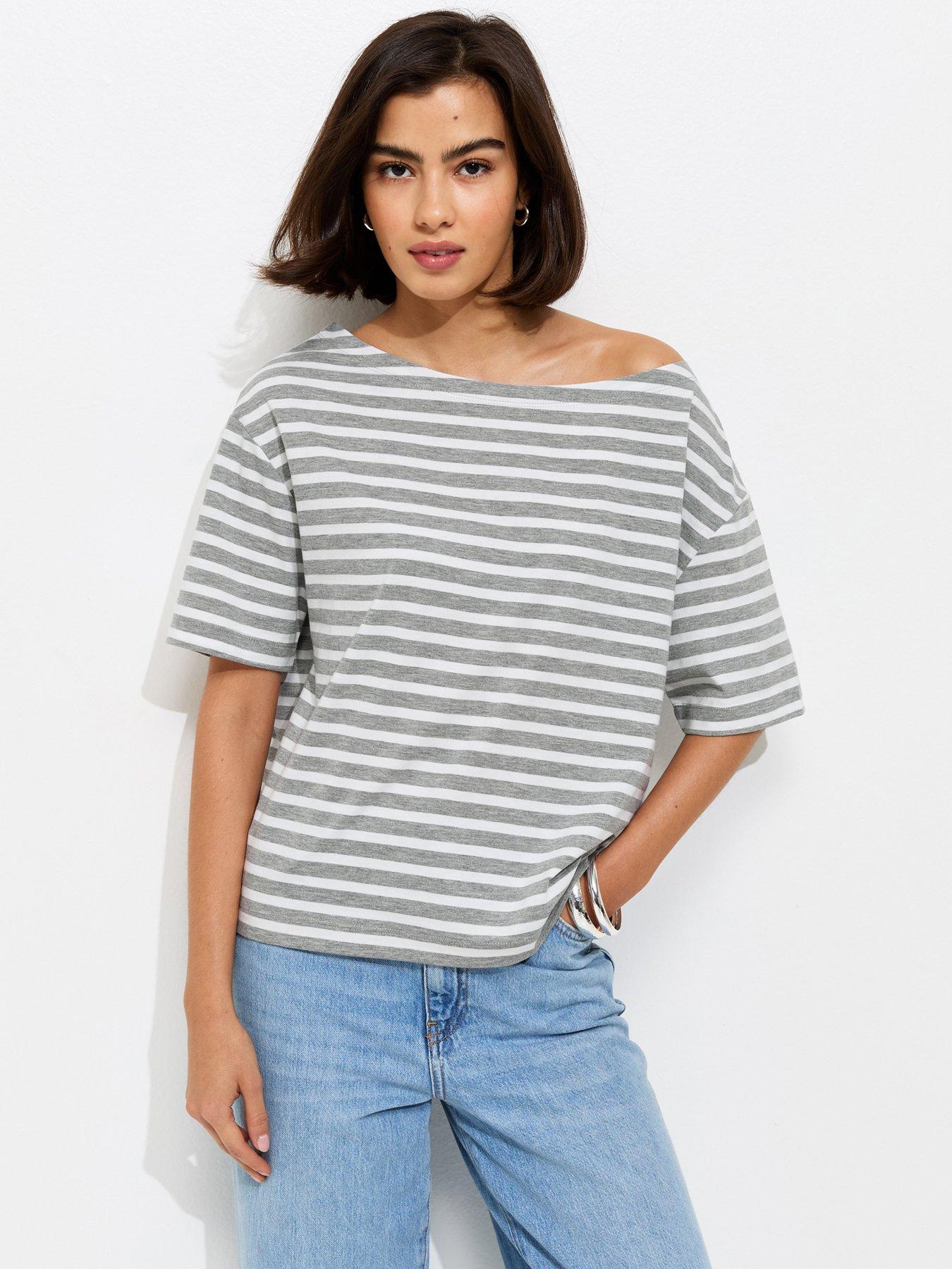 New Look Striped Jersey Off The Shoulder Top - Grey