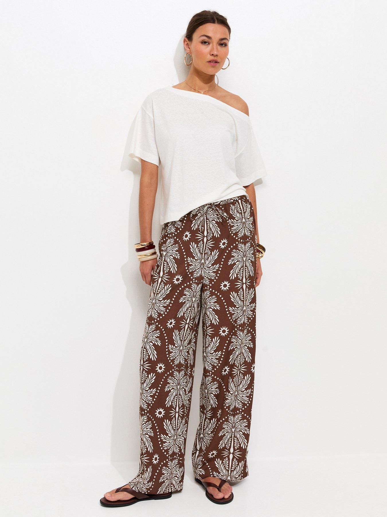 New Look Palm Tree Print Wide Leg Trousers - Brown