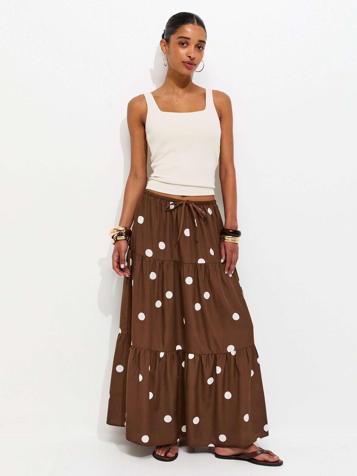 New Look Polka Dot Tiered Midi Skirt - Brown
