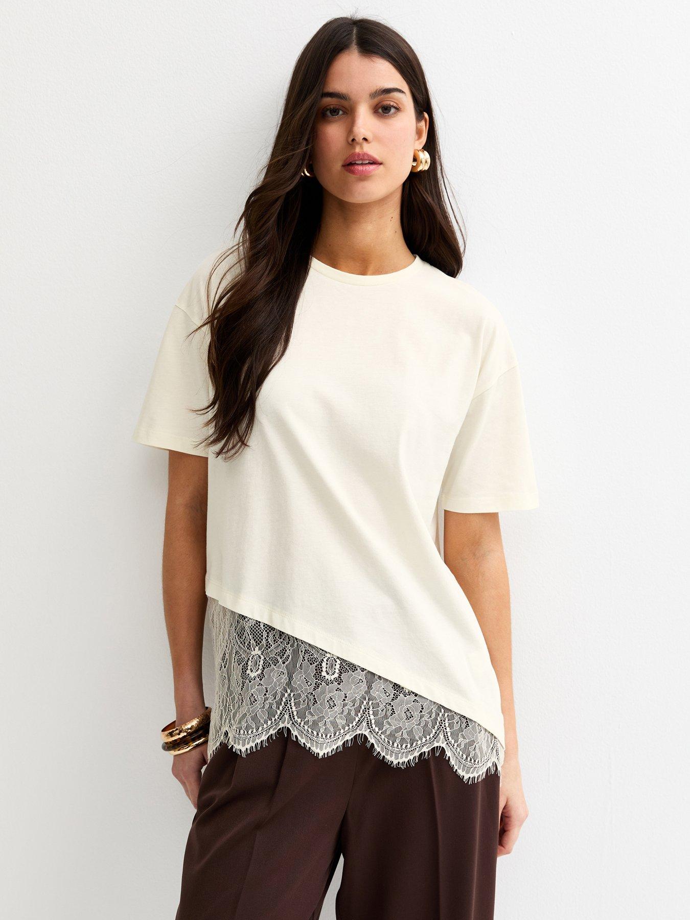 New Look Off White Cotton Scalloped Lace T-shirt