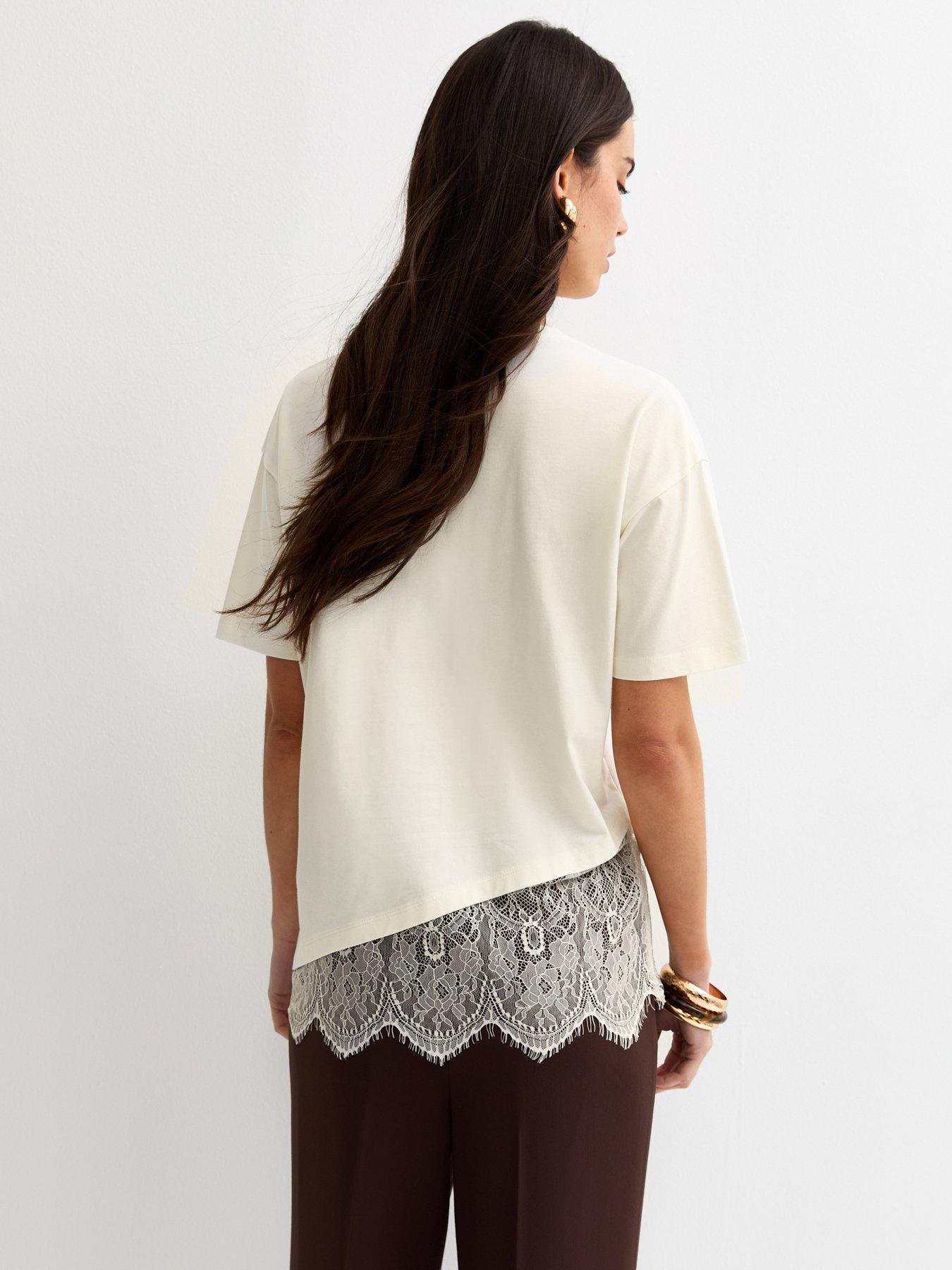 Image 2 of 5 of New Look Off White Cotton Scalloped Lace T-shirt