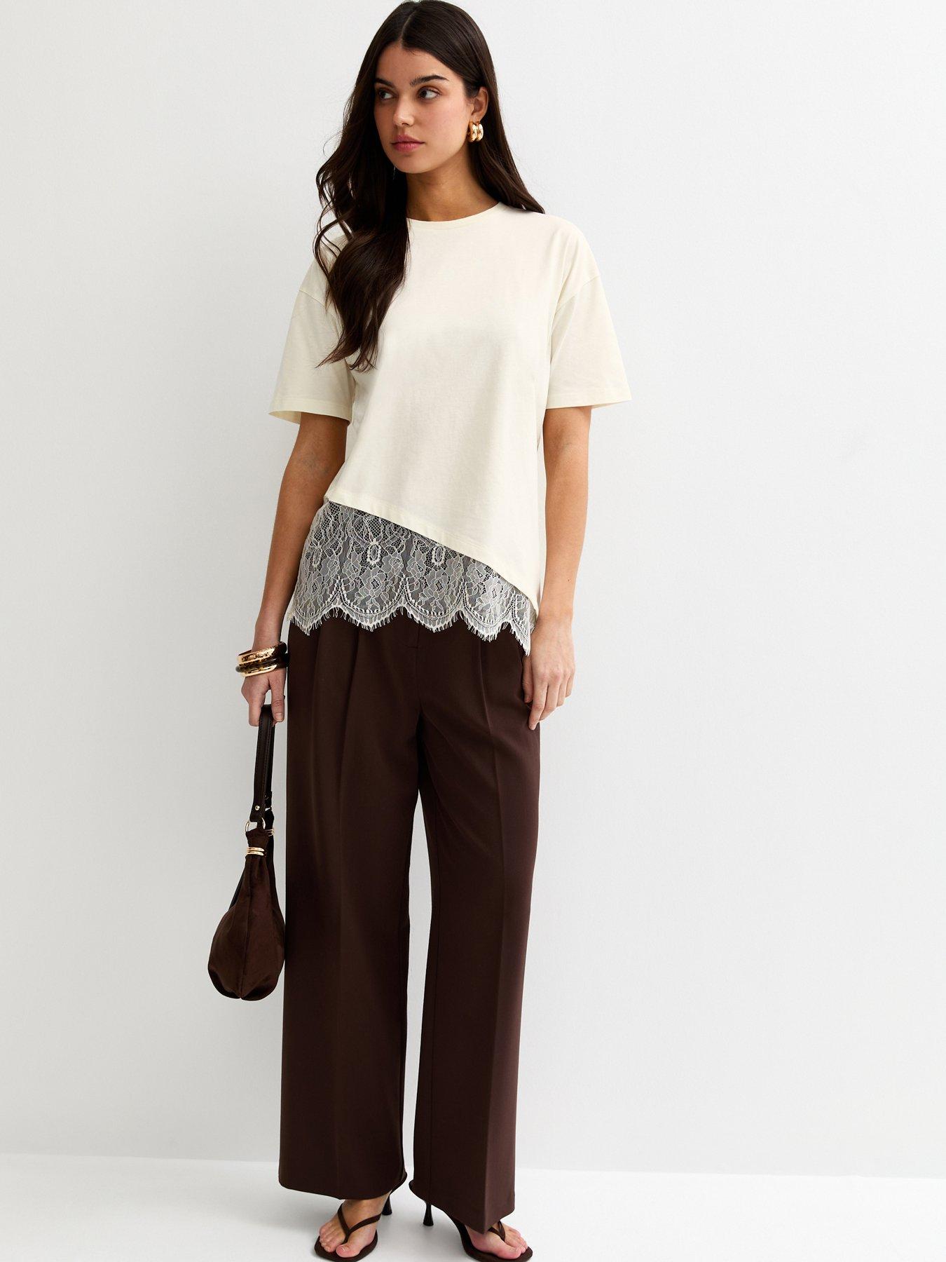 Image 3 of 5 of New Look Off White Cotton Scalloped Lace T-shirt