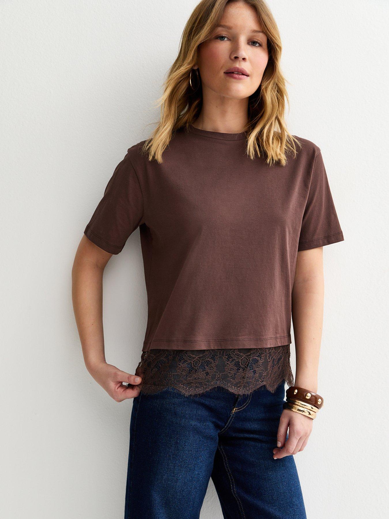 New Look Lace Hem Boxy T-Shirt - Brown