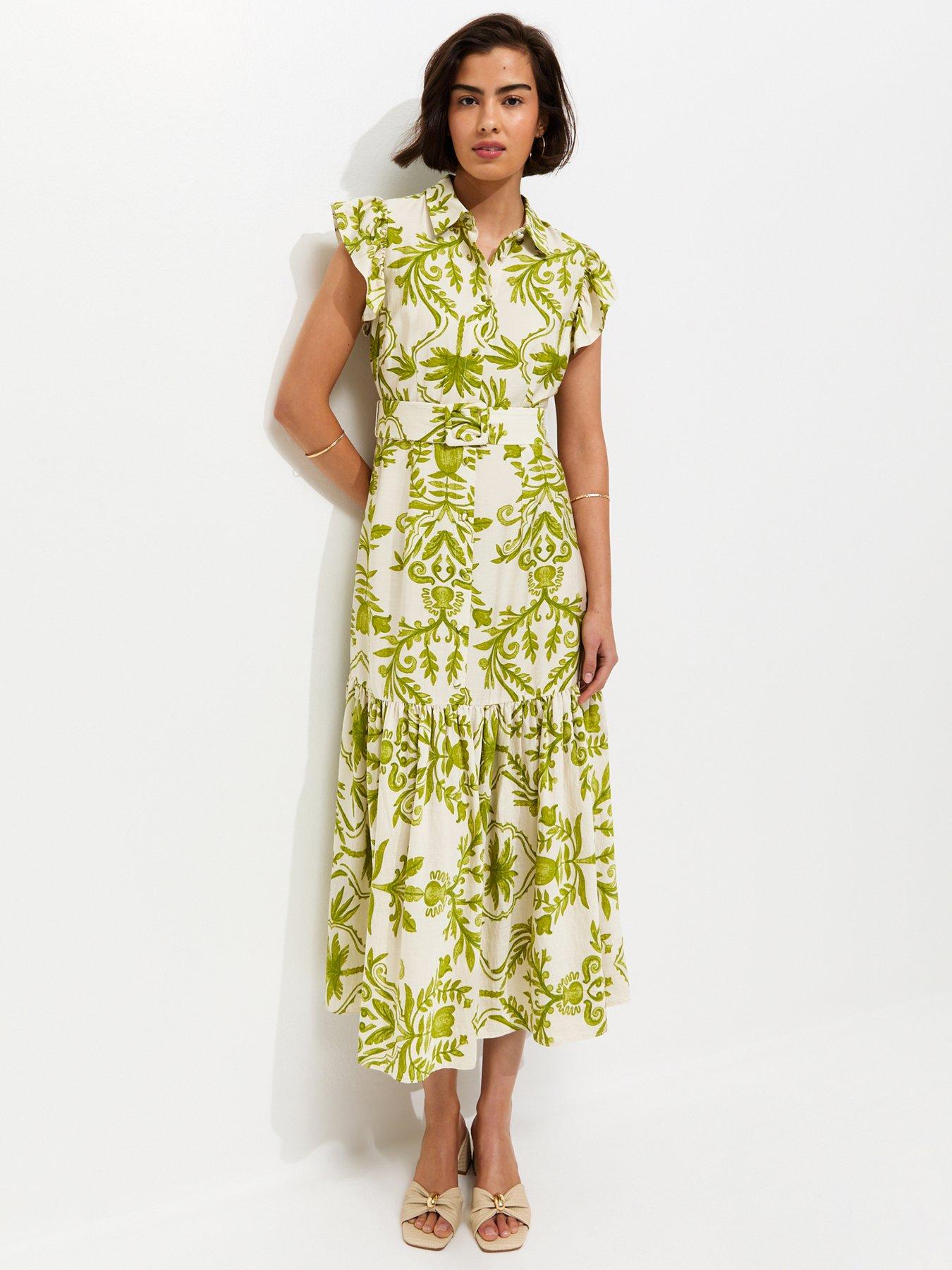 New Look Lotus Print Belted Midi Shirt Dress - Green | Littlewoods