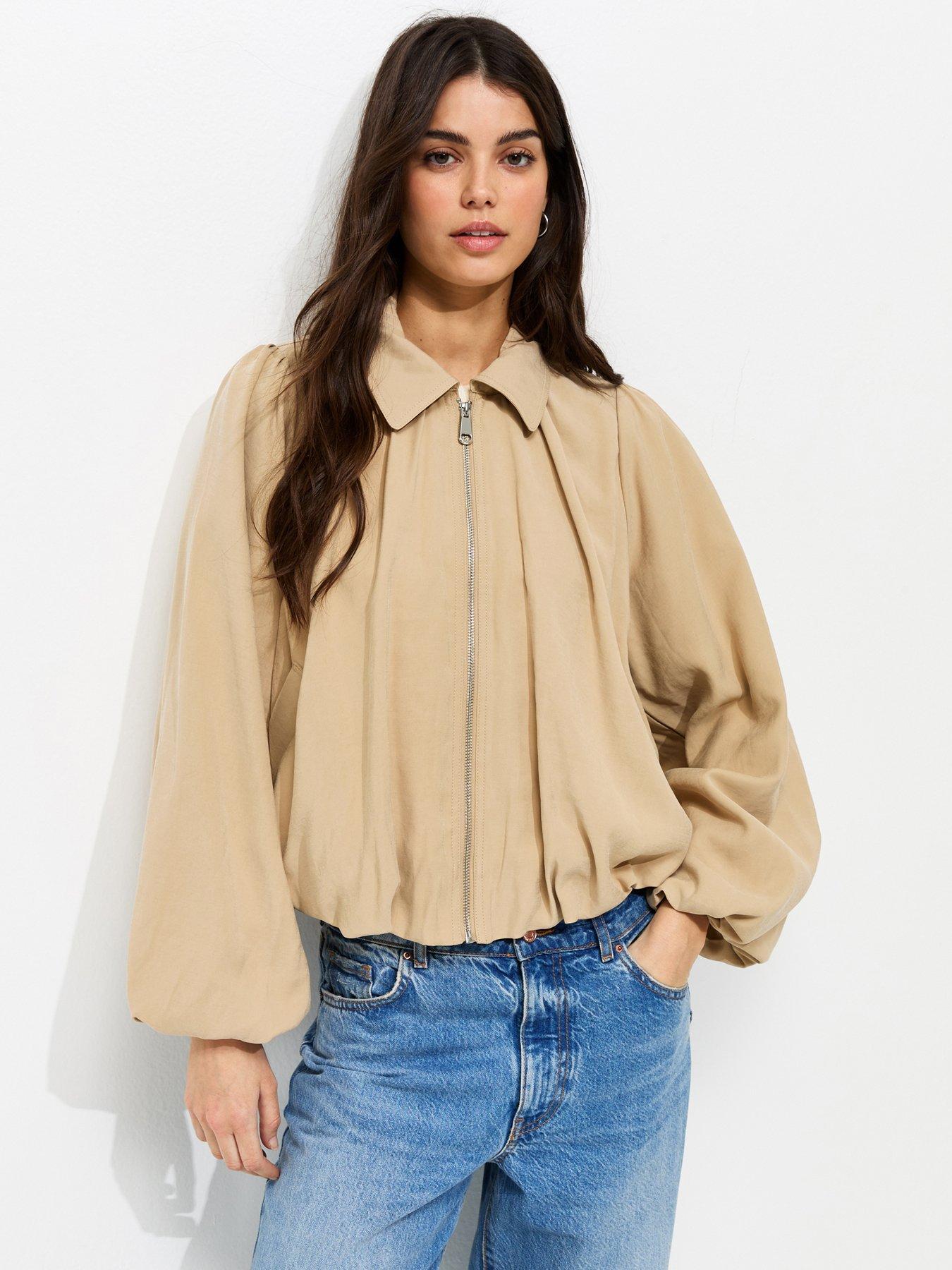 New Look Camel Gathered Sleeve Zip Front Jacket - Brown