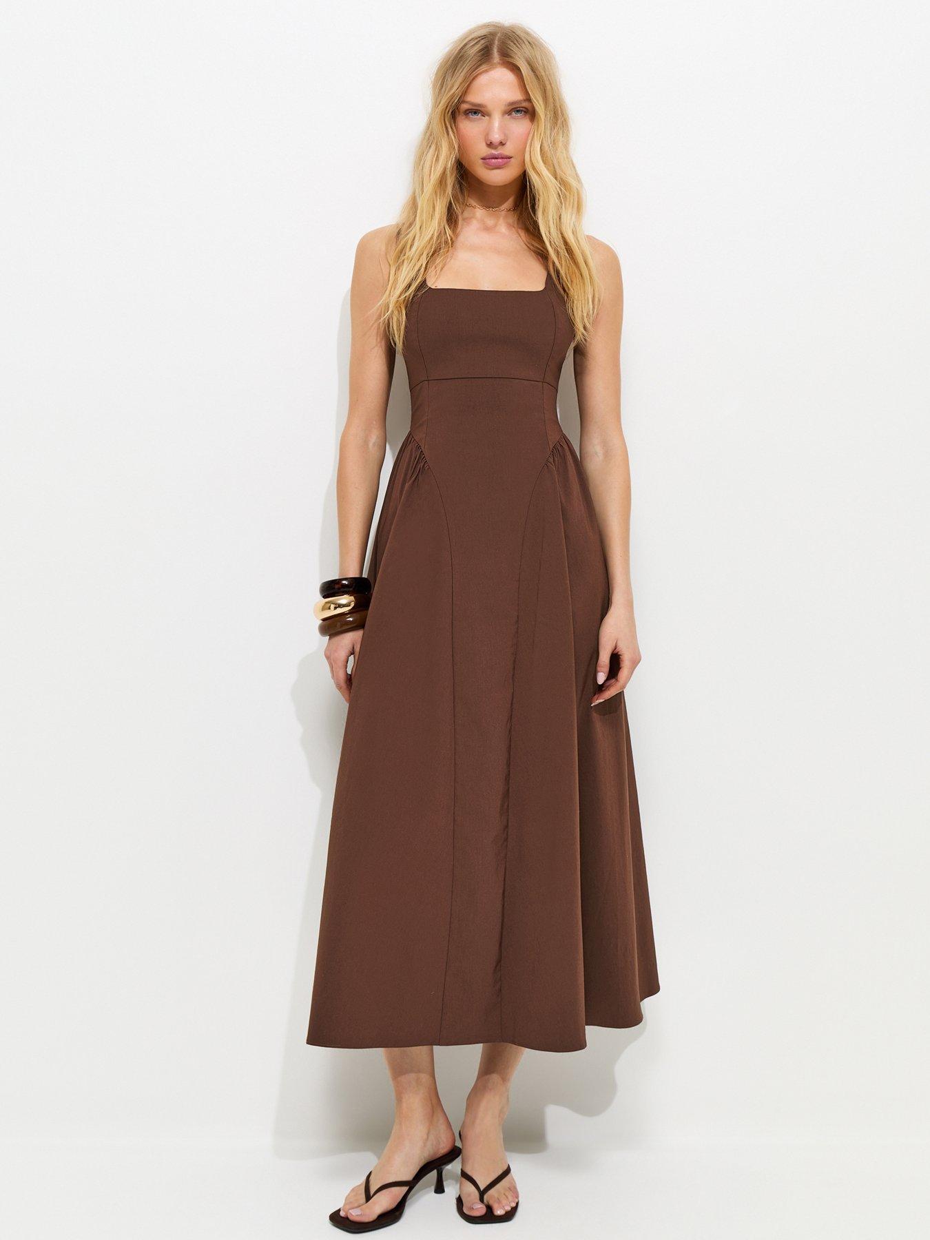 New Look Brown Square Neck Gathered Hips Midi Dress