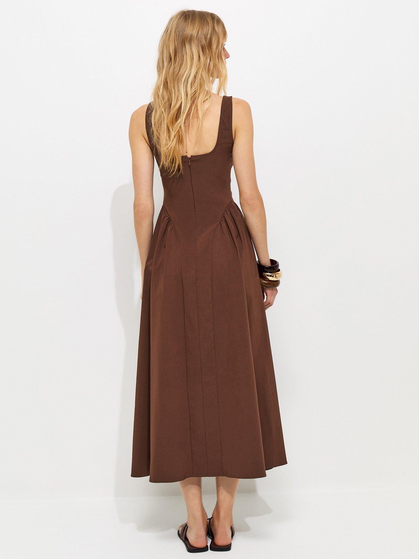 Image 2 of 4 of New Look Square Neck Gathered Hips Midi Dress - Brown