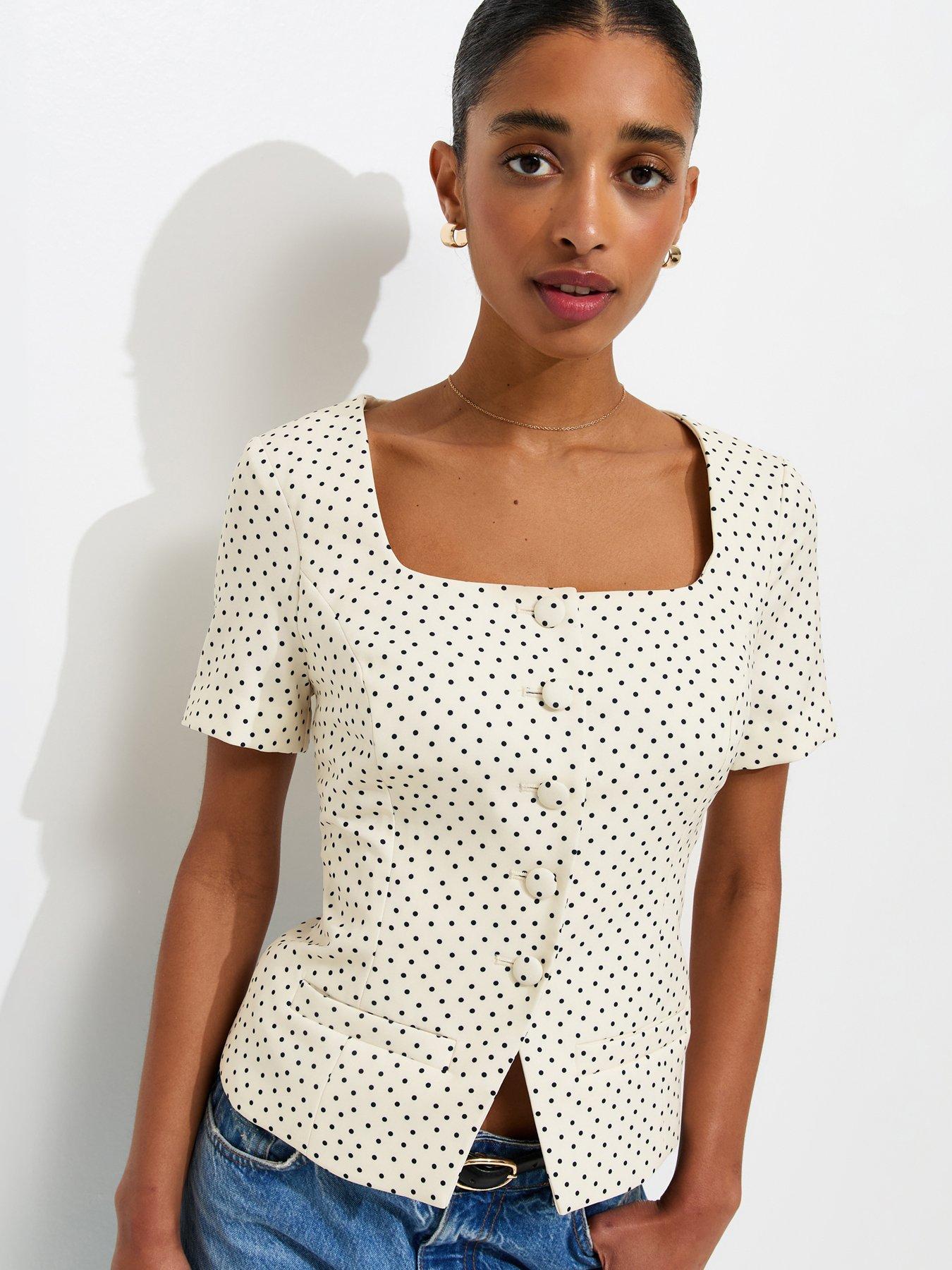 New Look Spot Print Square Neck Short Sleeve Blazer - White/Black