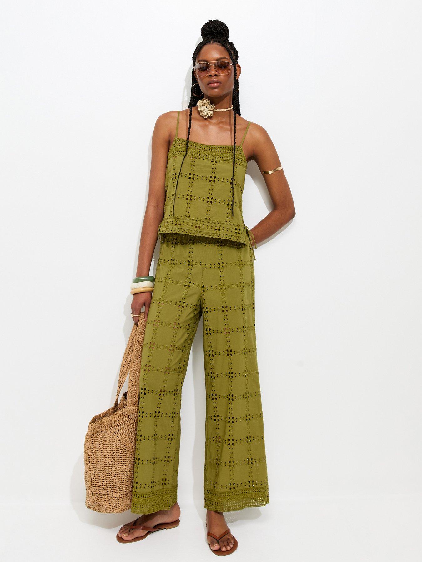  image of new-look-green-cutwork-wide-leg-co-ord-trousers