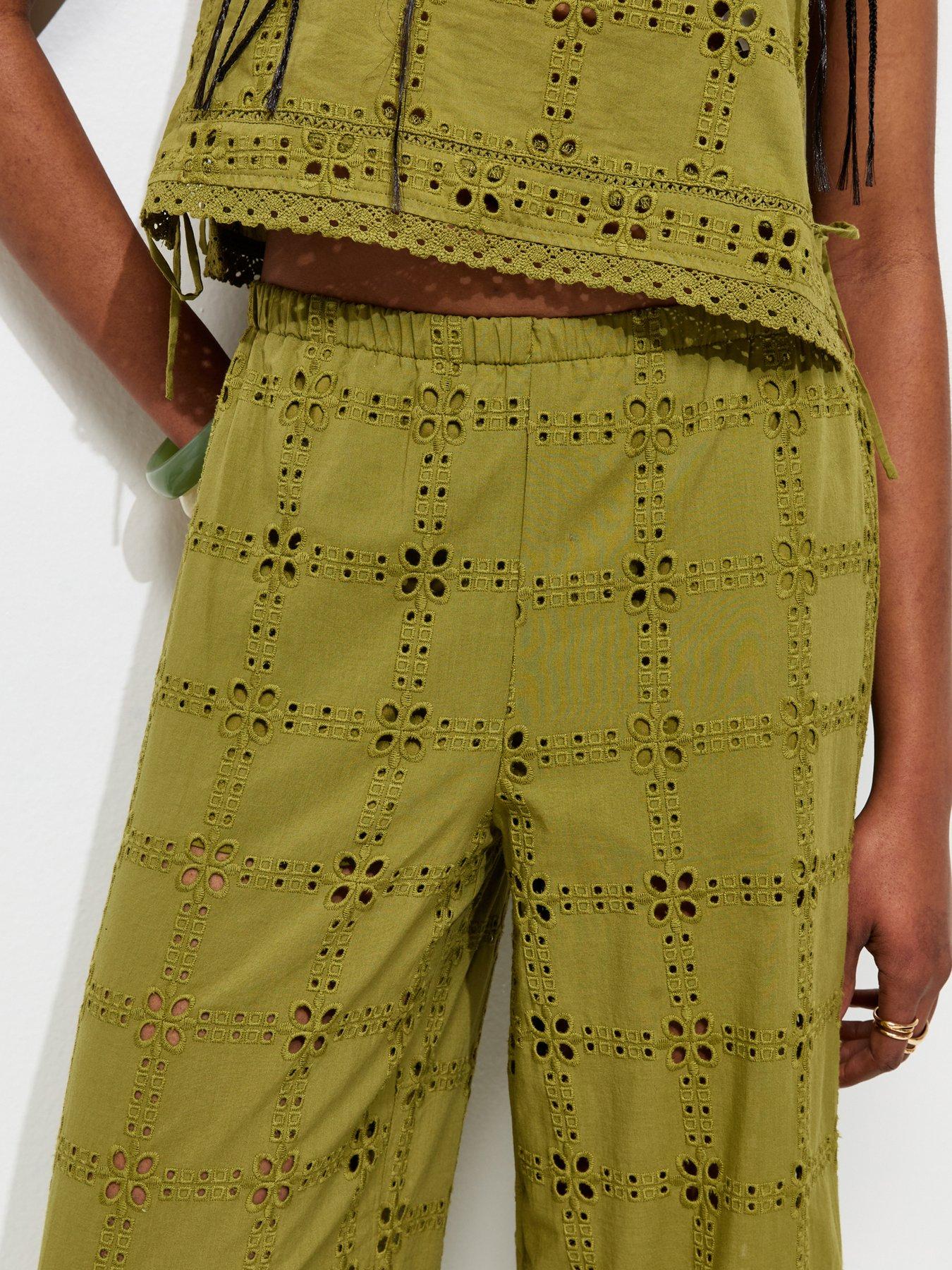  image of new-look-green-cutwork-wide-leg-co-ord-trousers