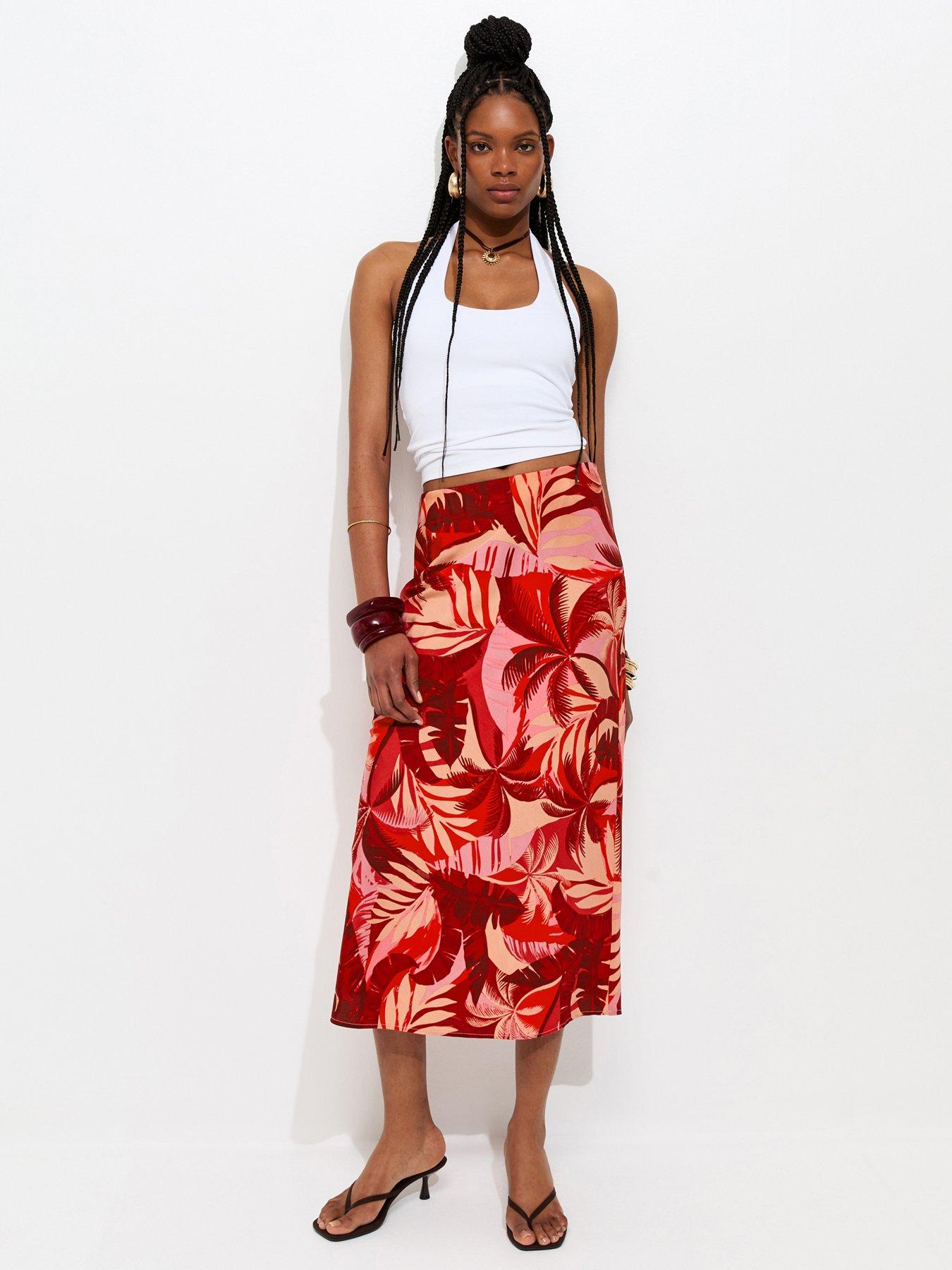 New Look Crepe Tropical Print Bias Cut Midi Skirt - Red