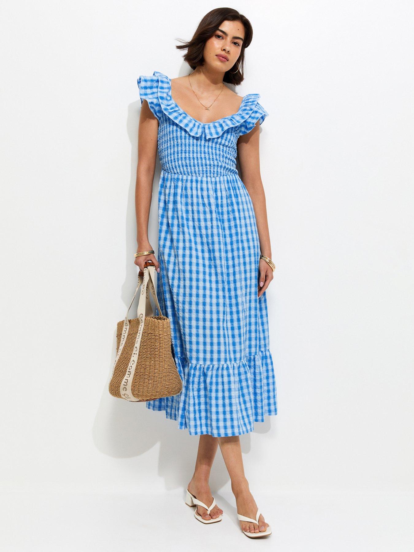 New Look Cotton Gingham Ruffled Neck Midi Dress - Blue