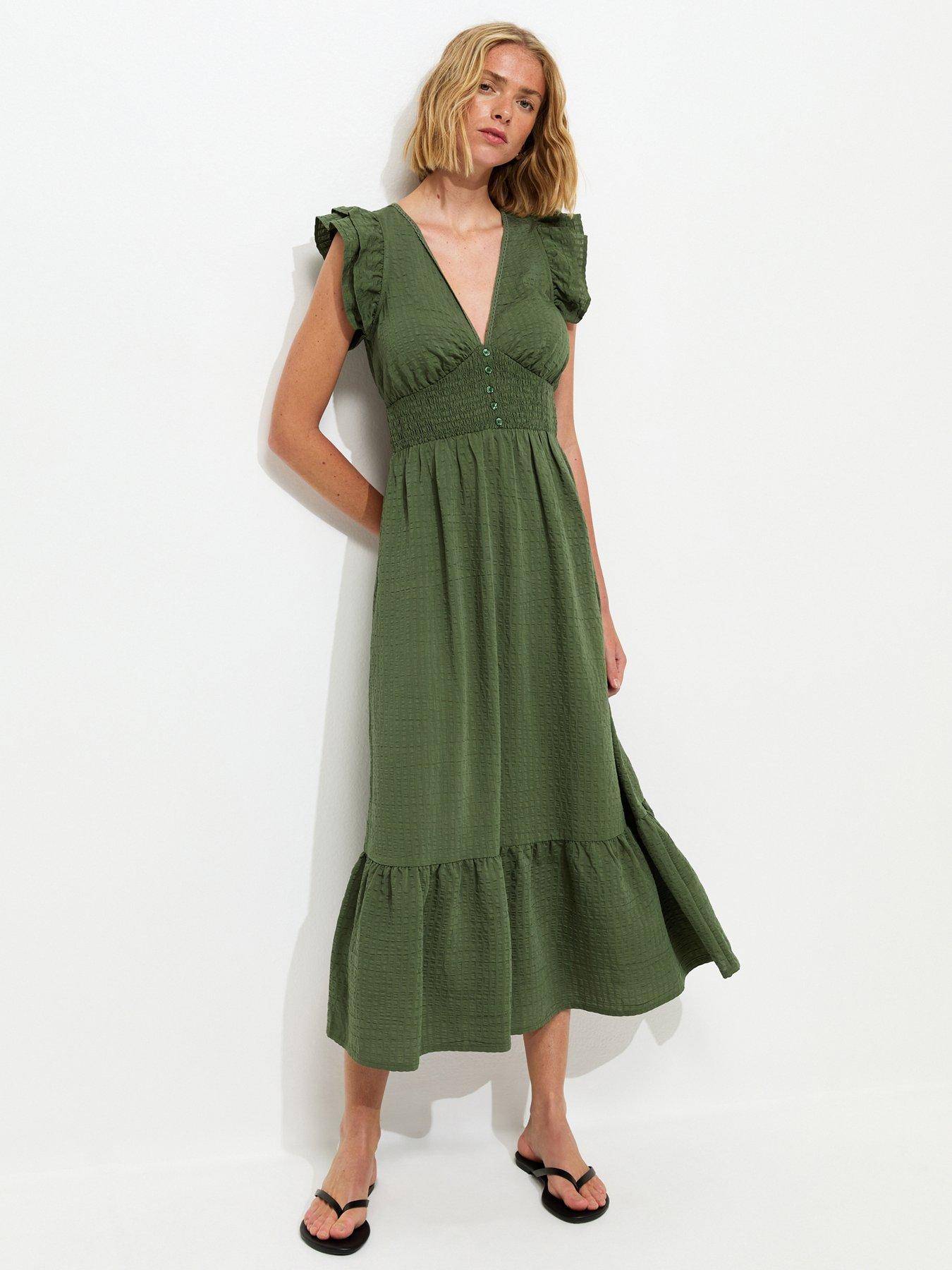 New Look Ruffled Cap Sleeve Midi Dress - Green