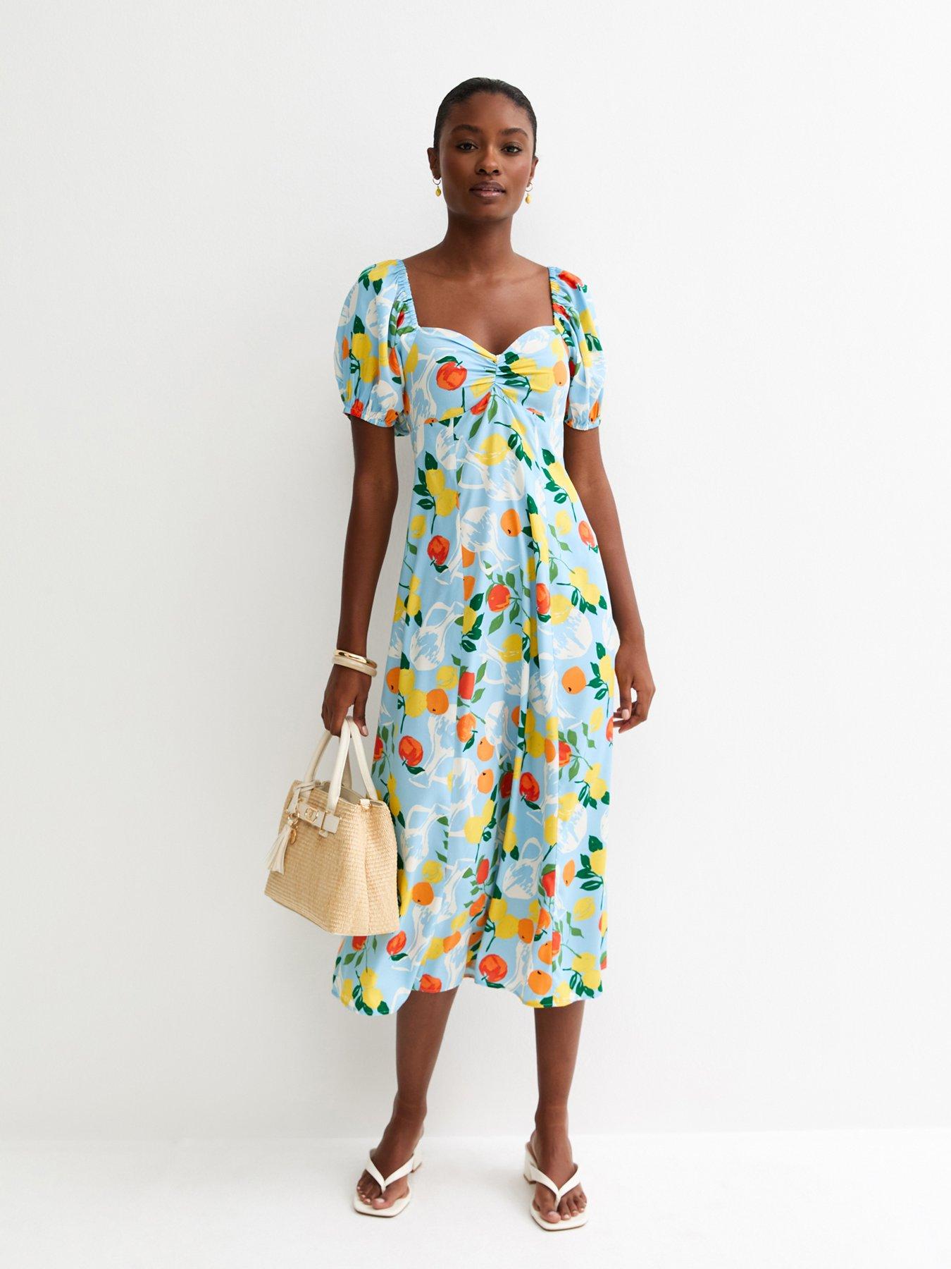 New Look Crepe Fruit Print Midi Dress - Light Blue