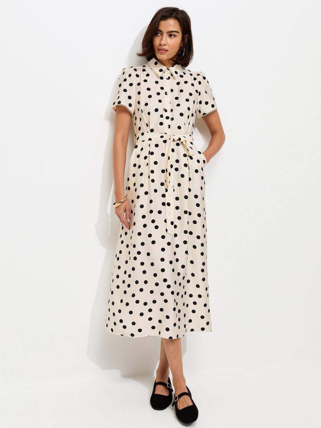New Look Frill Trim Polka Dot Shirt Midi Dress - White And Black