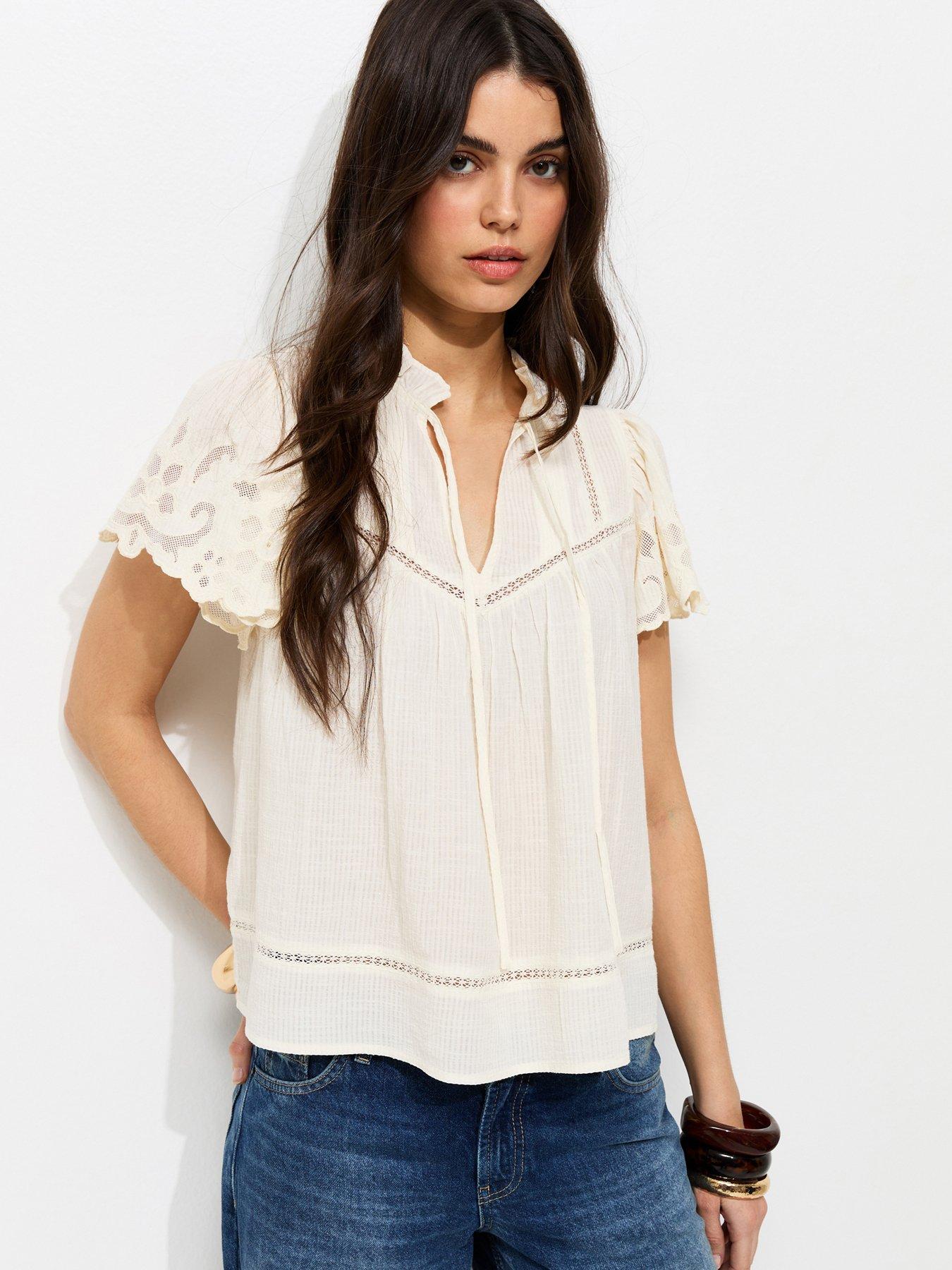 New Look Embroidered Tie Neck Short Sleeve Blouse - Cream