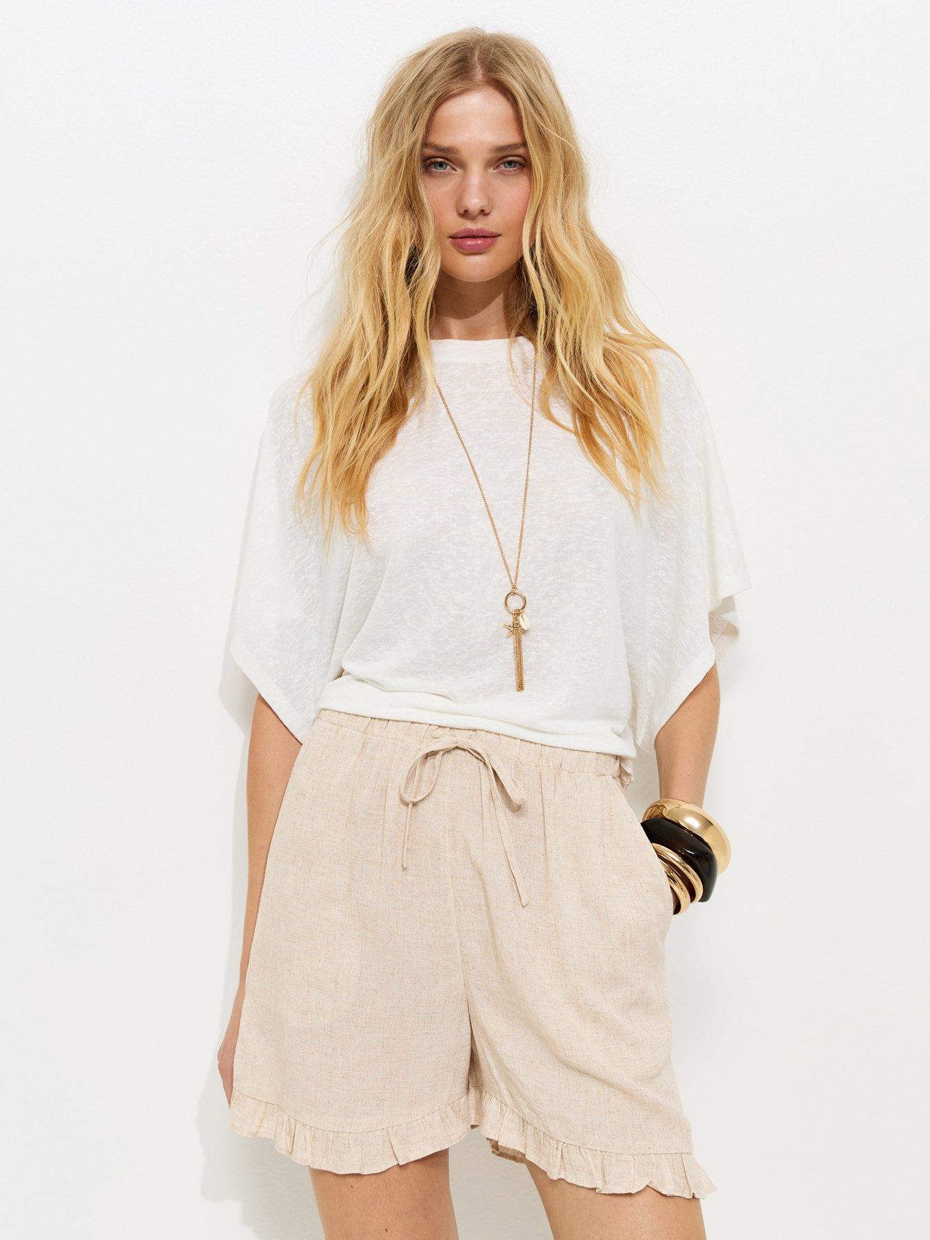 New Look Drawstring Waist Ruffle Trim Shorts - Stone