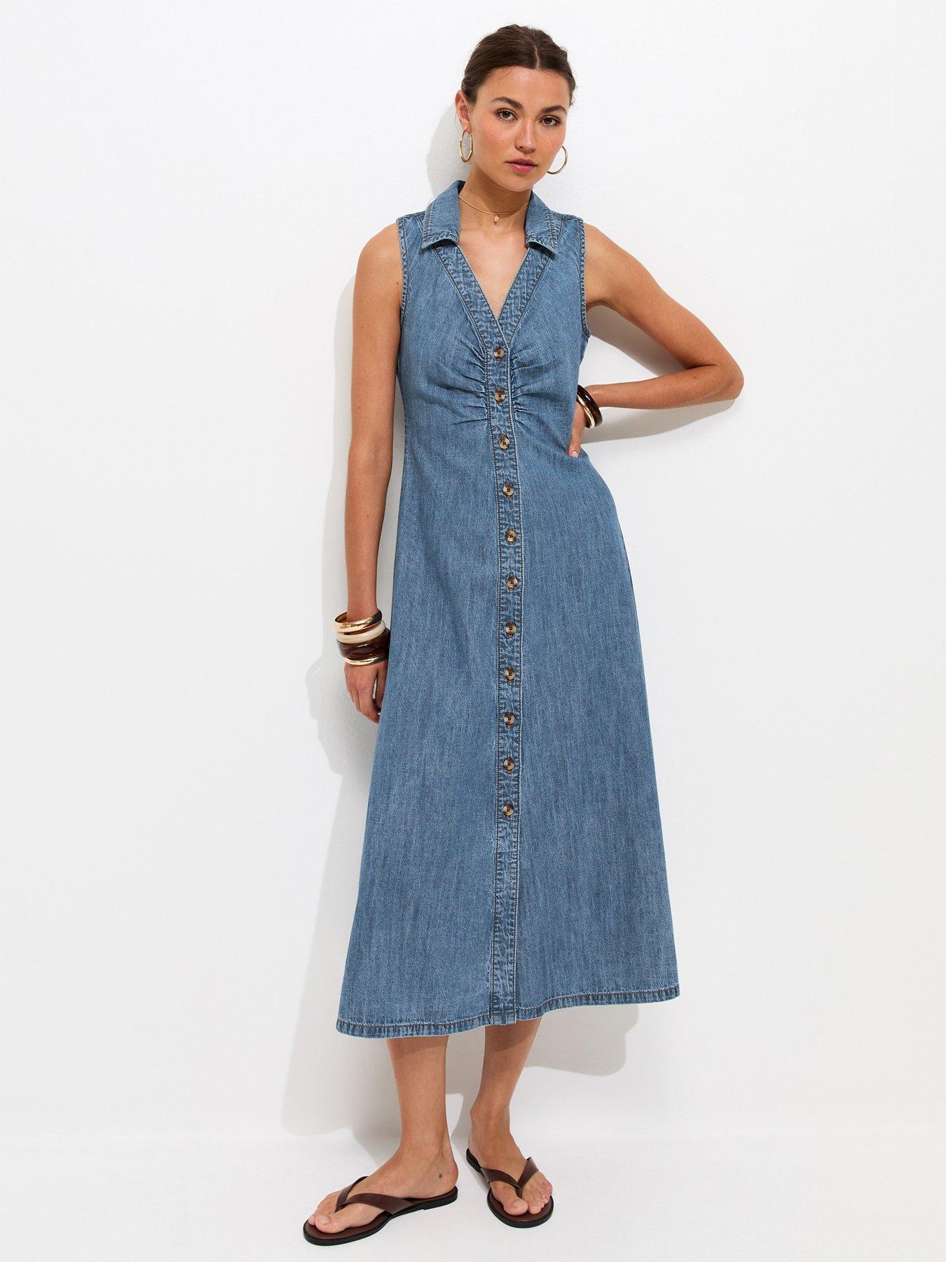 New Look Mid Wash Ruched A-Line Midi Dress - Blue