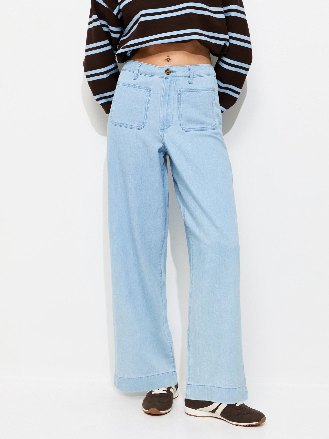 New Look Wash Patch Pocket Wide Leg Jeans - Light Blue