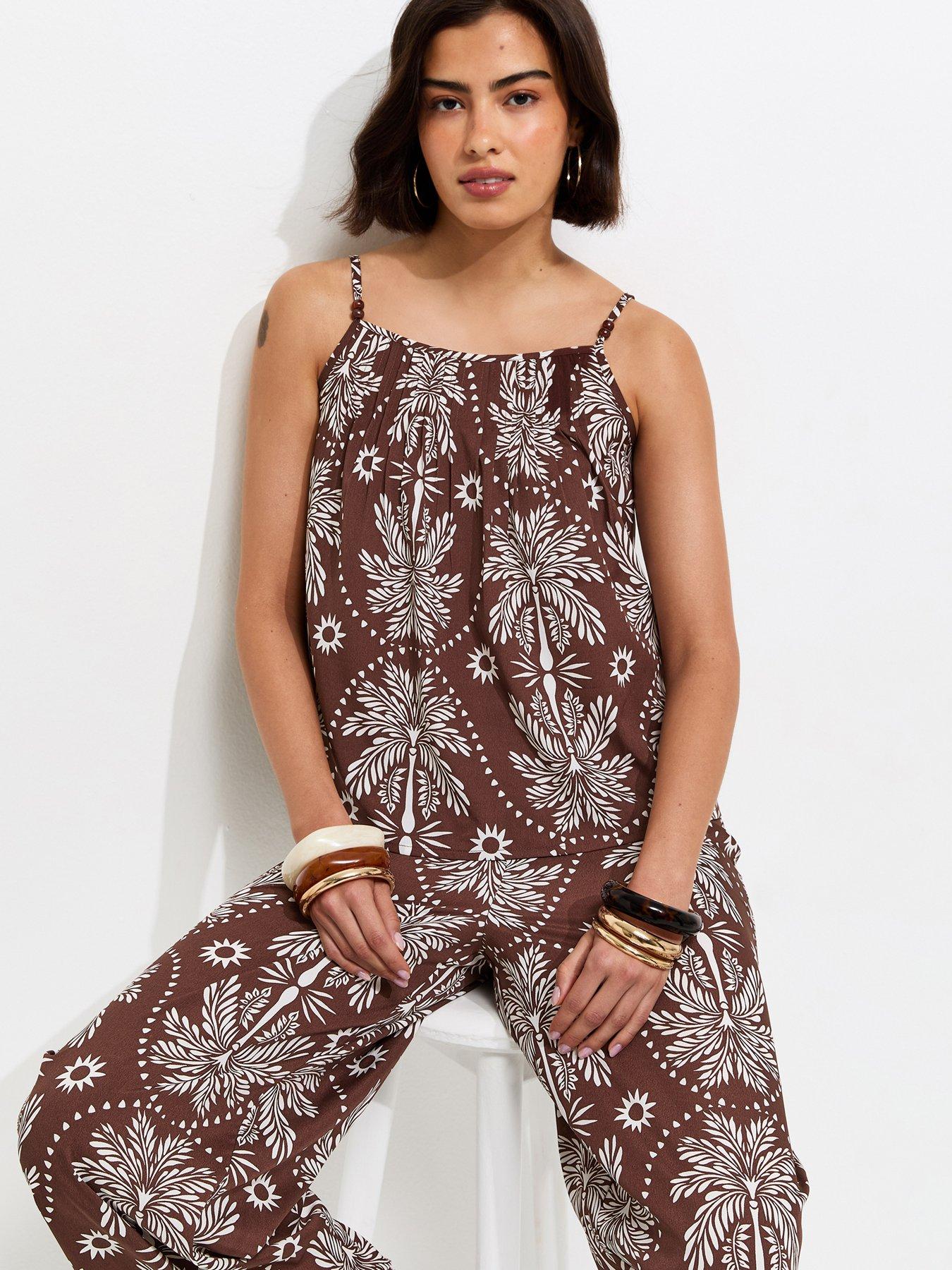 New Look Crepe Sun Patterned Bead Cami Strap Top - Brown