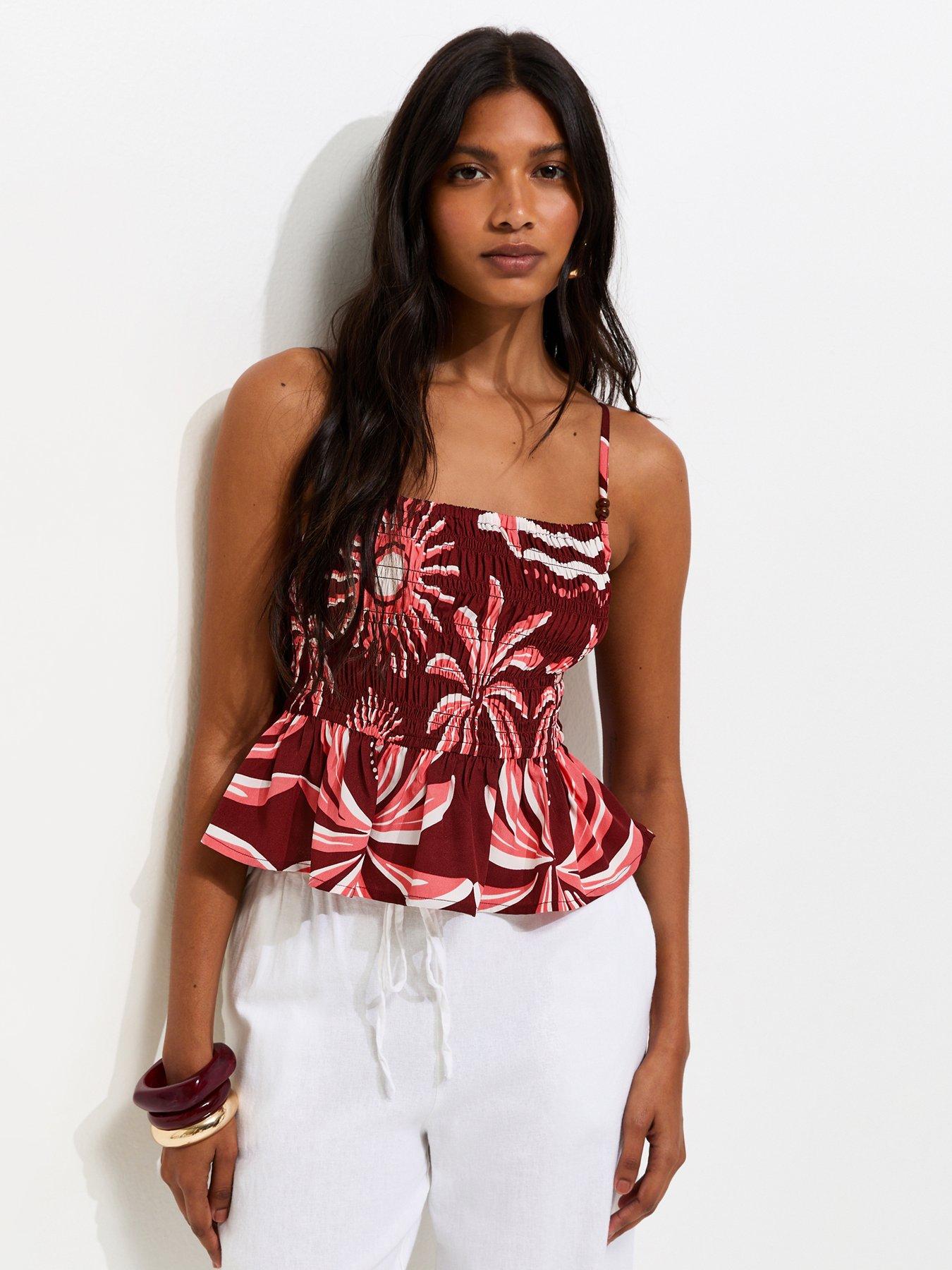 New Look Palm Print Shirred Cami Top - Burgundy