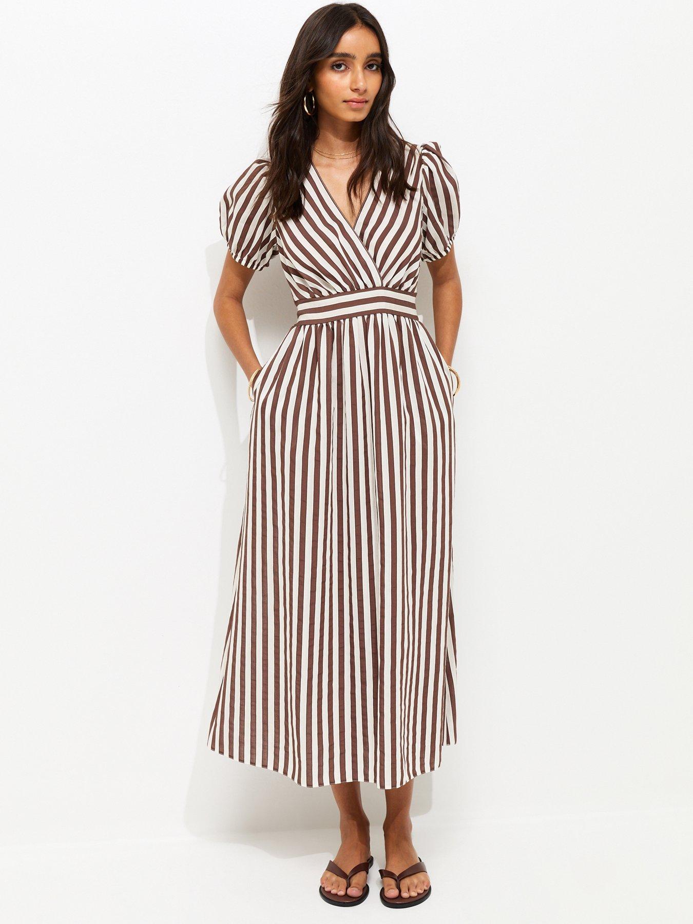 New Look Brown Striped Wrap Midi Dress