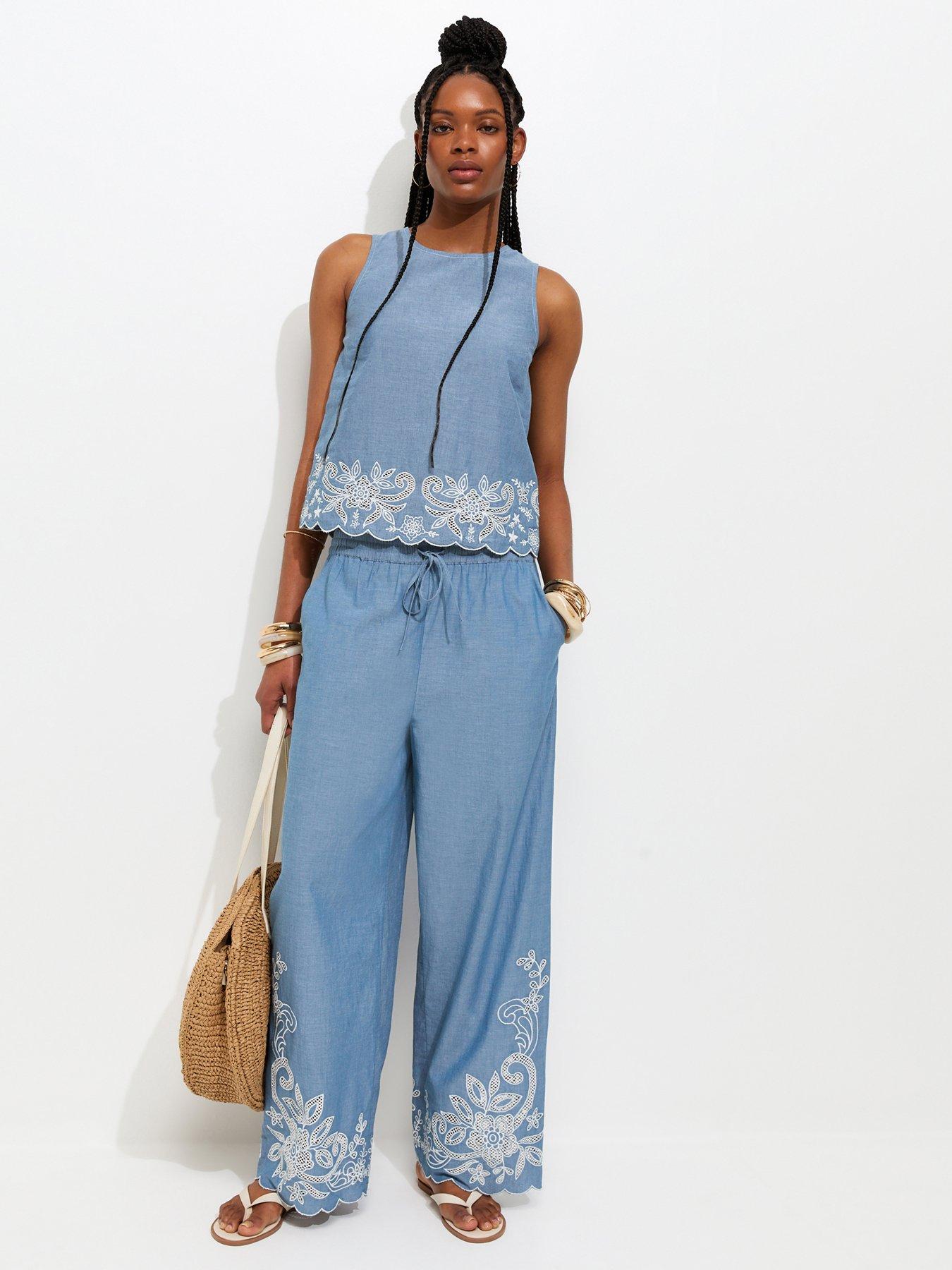 New Look Embroidered Hem Wide Leg Co Ord Trousers - Chambray Blue