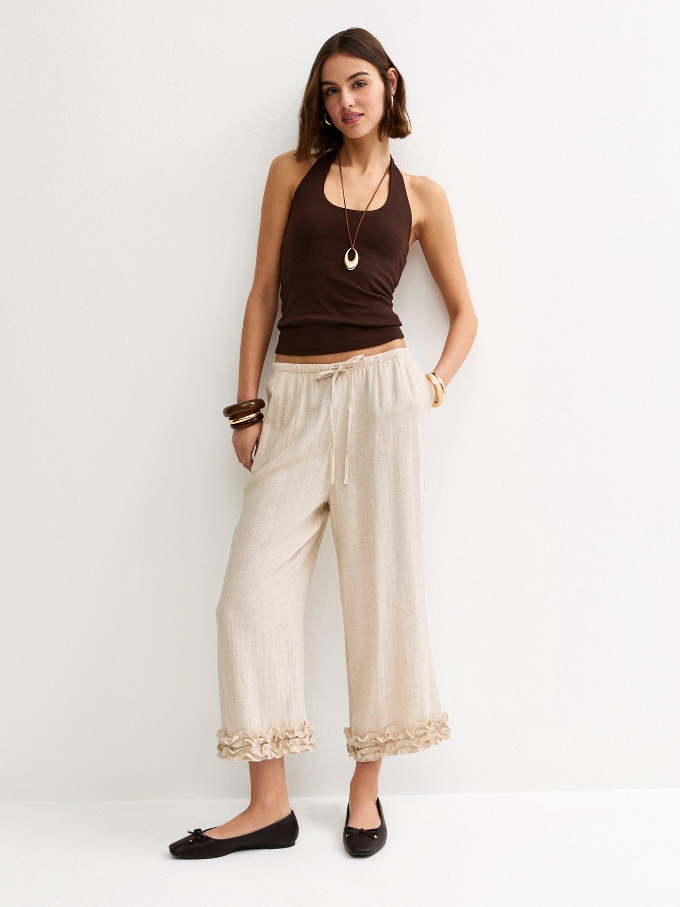 New Look Linen-Look Cropped Ruffle Hem Trousers - Stone