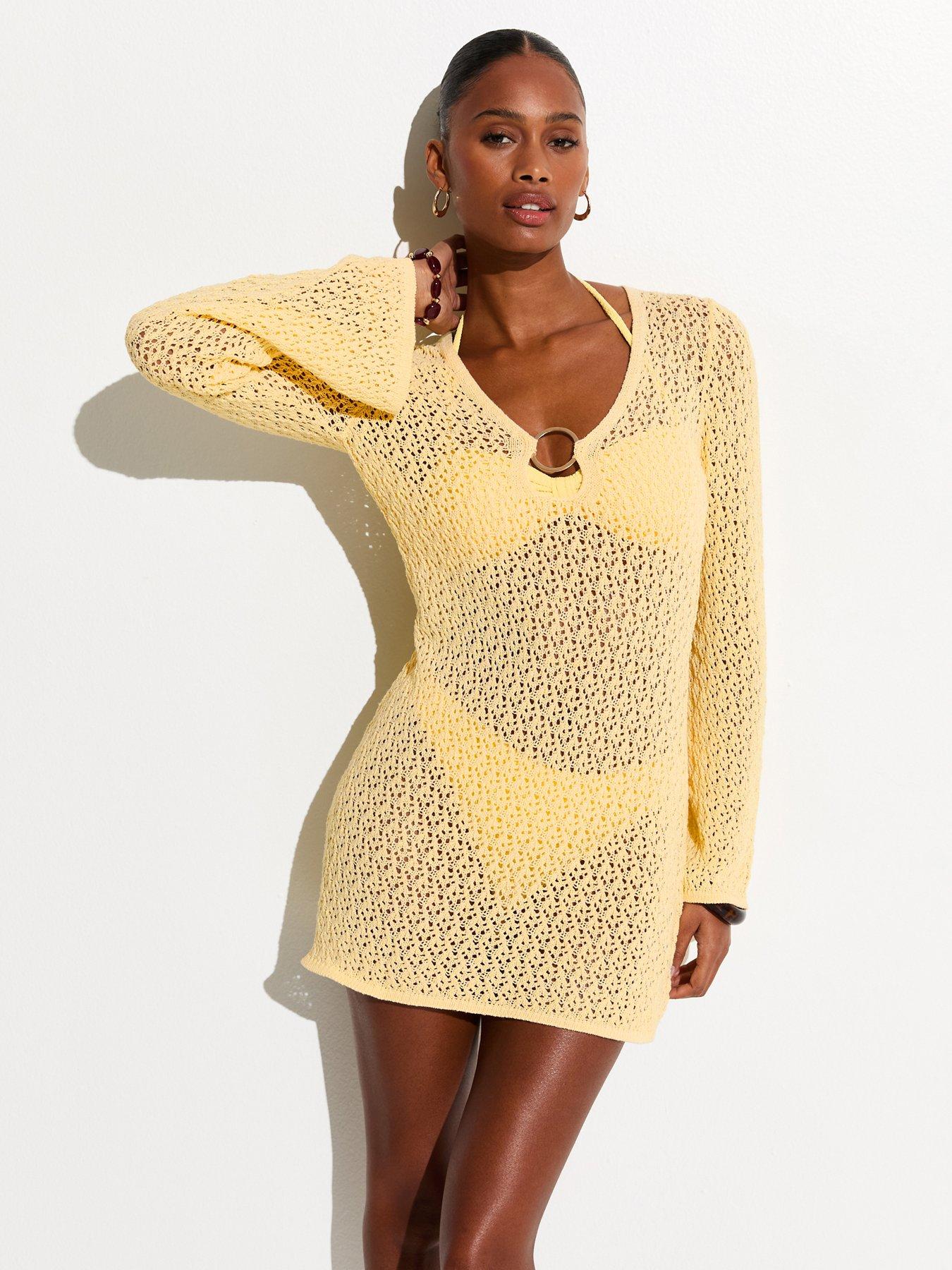 New Look Light Yellow O-ring Crochet Beach Kaftan Dress
