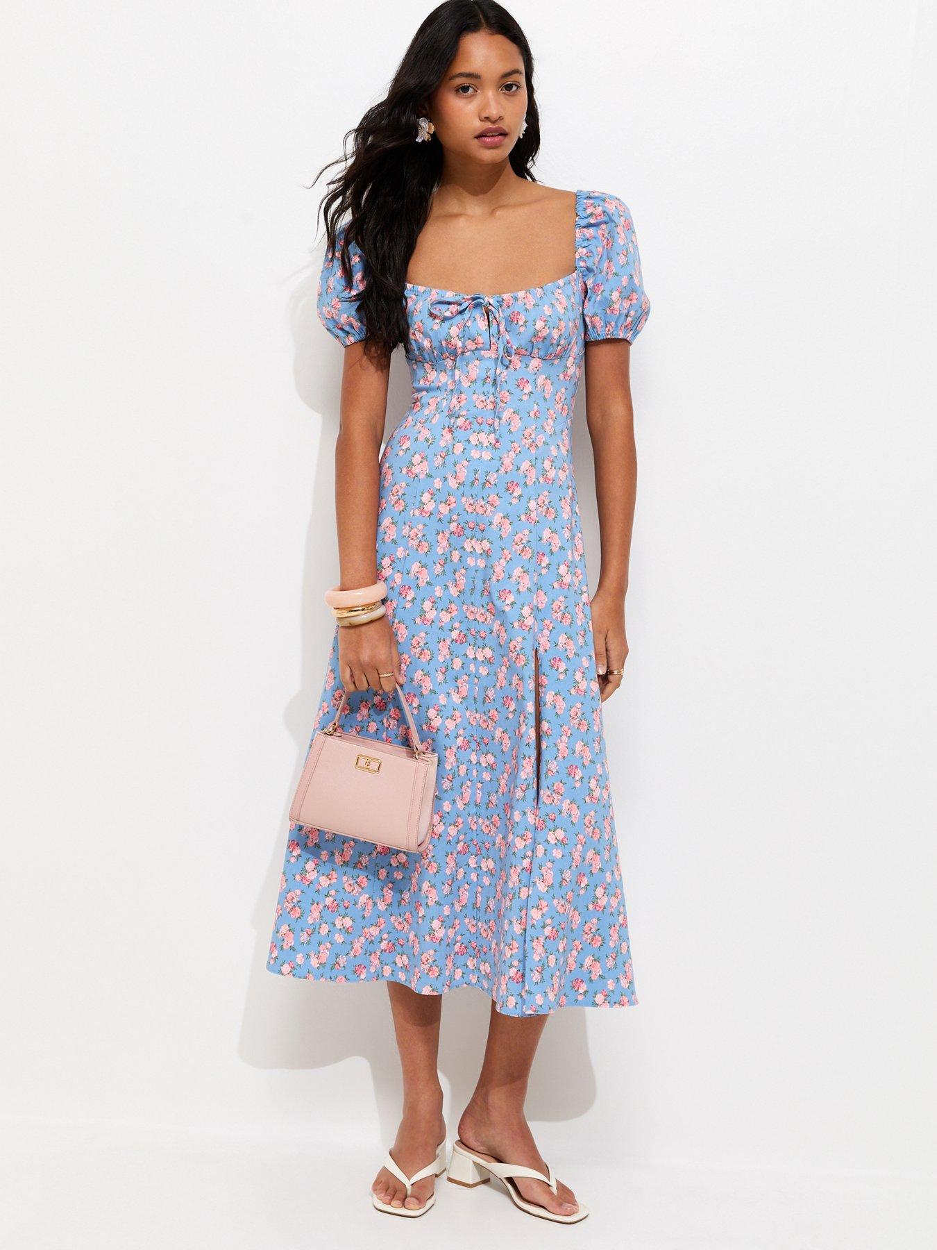 New Look Rose Print Milkmaid Midi Dress - Blue