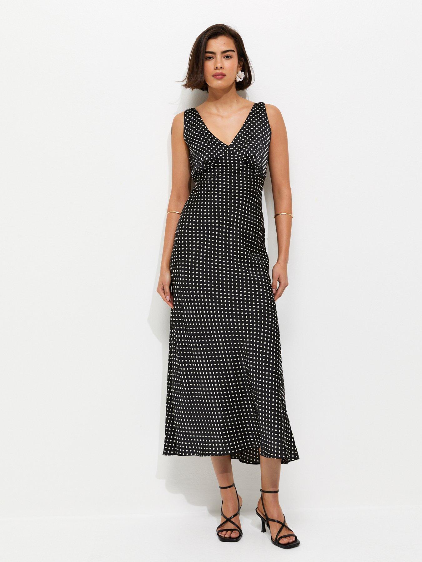New Look Spot Print Satin V-Neck Midi Dress - Black/White