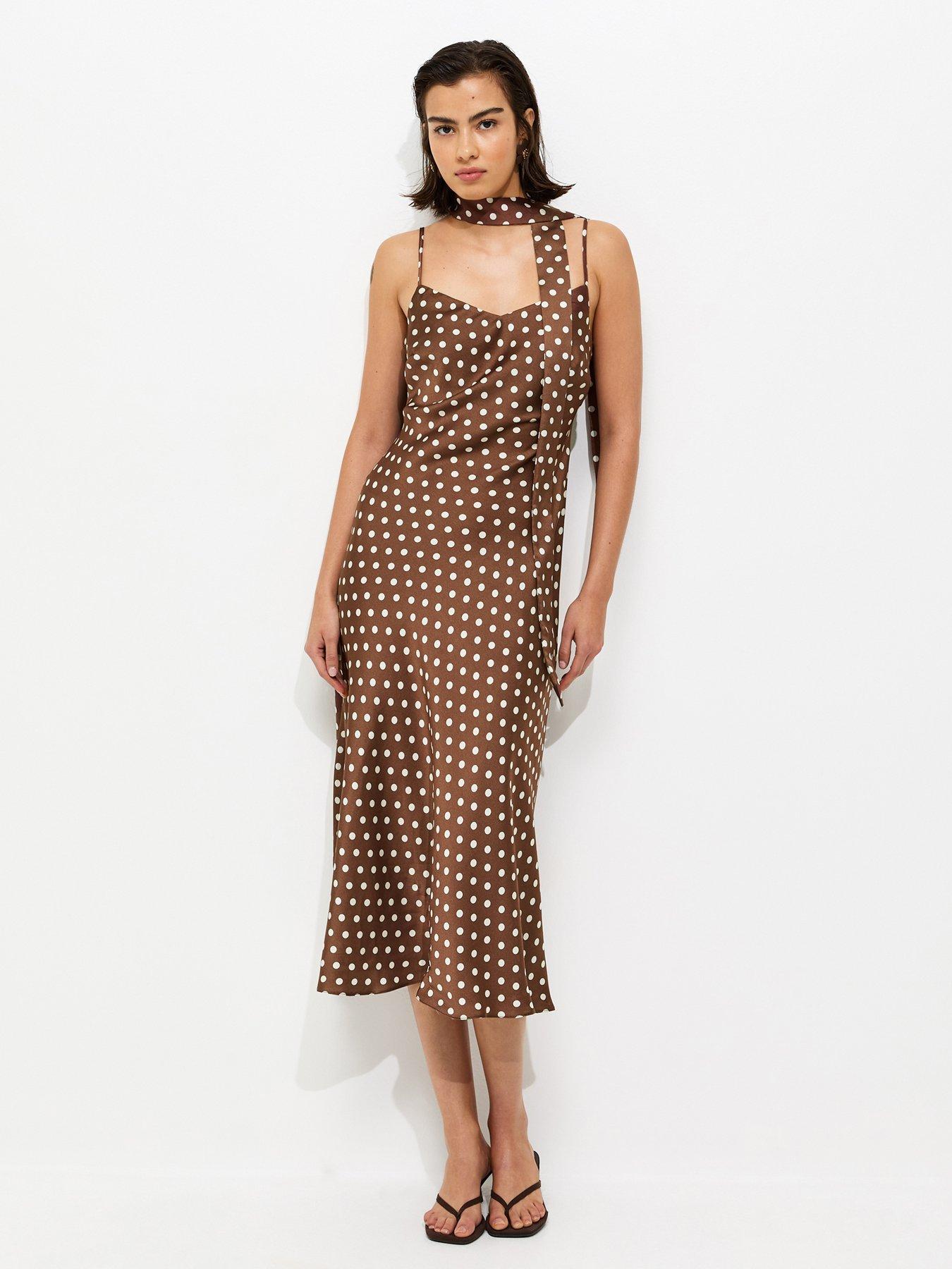 New Look Satin Spot Print Midi Dress - Brown/White