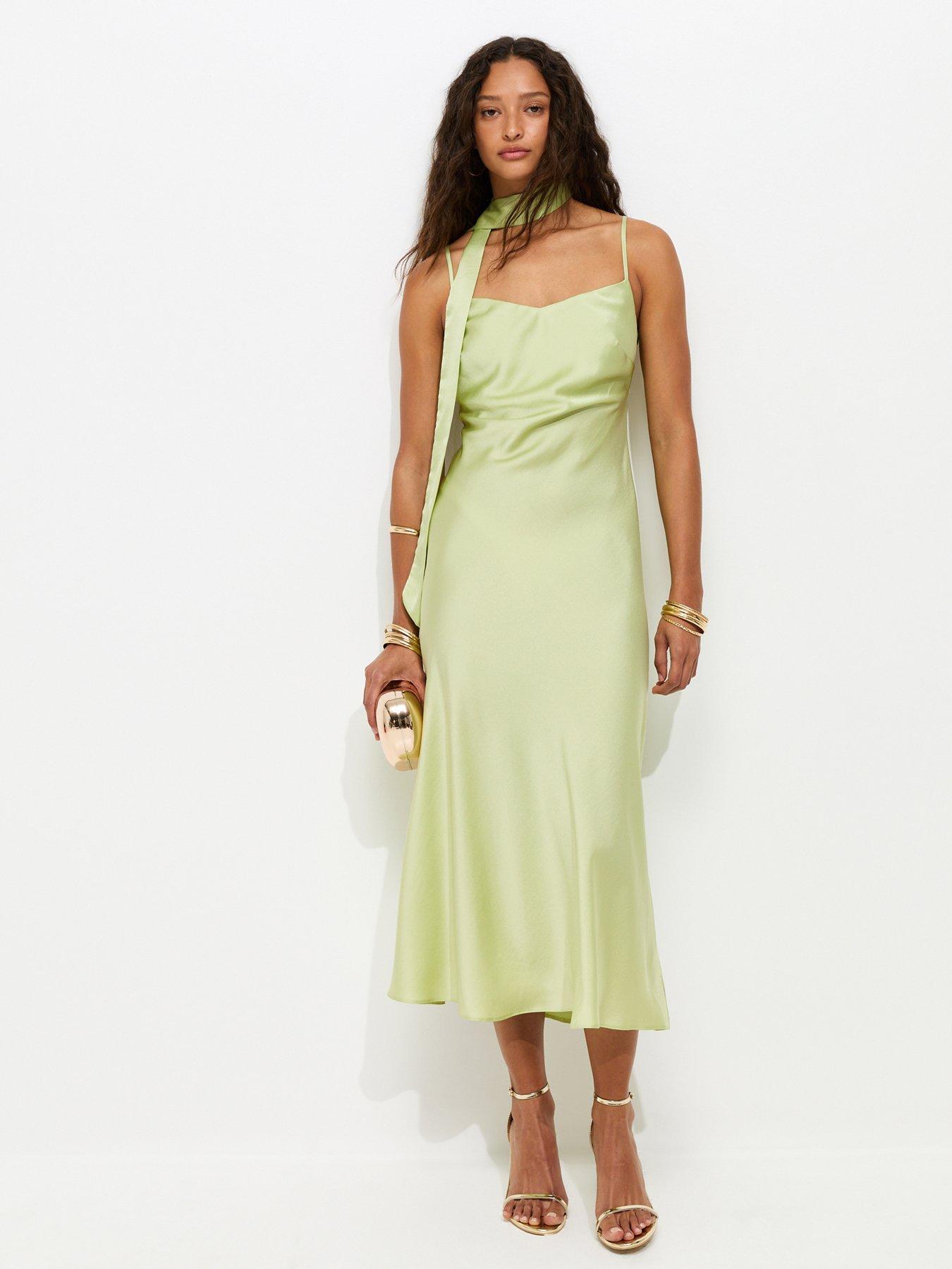 Image 1 of 5 of New Look Satin Slip Midi Dress With Scarf - Light Green