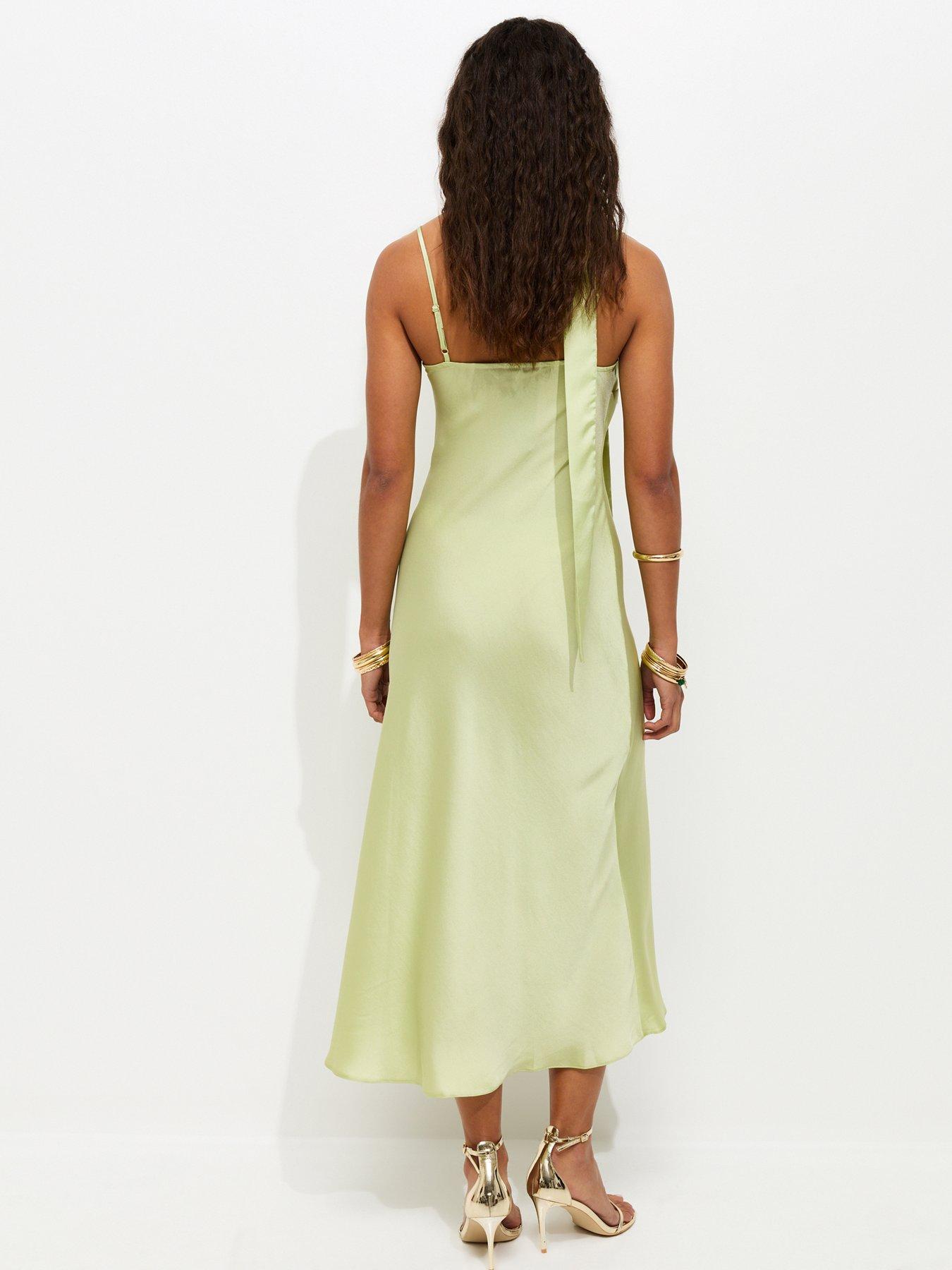 Image 2 of 5 of New Look Satin Slip Midi Dress With Scarf - Light Green