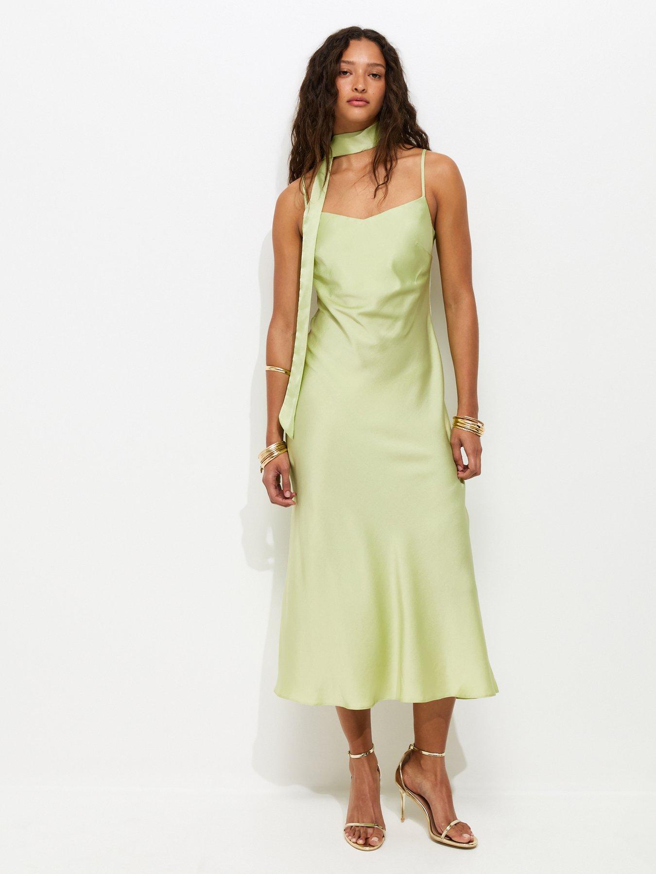 Image 3 of 5 of New Look Satin Slip Midi Dress With Scarf - Light Green