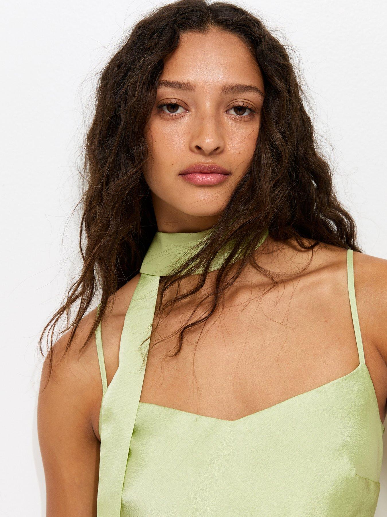 Image 4 of 5 of New Look Satin Slip Midi Dress With Scarf - Light Green