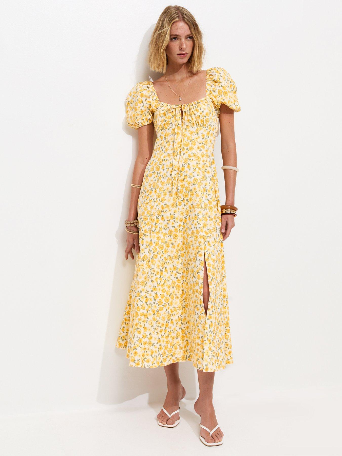 New Look Floral Print Milkmaid Split Front Midi Dress - Yellow