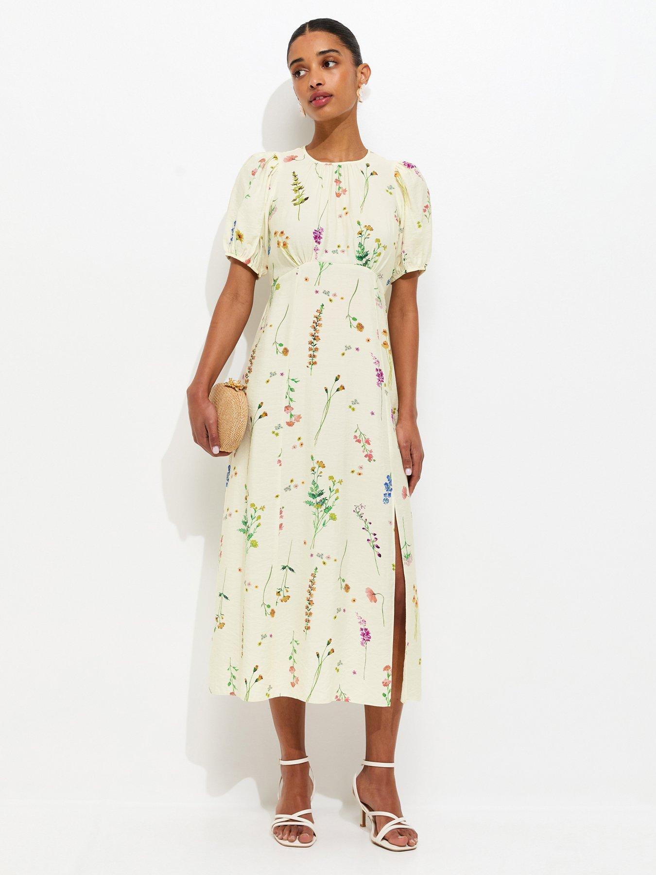 Image 1 of 5 of New Look Botanical Floral Print Midi Dress - Cream