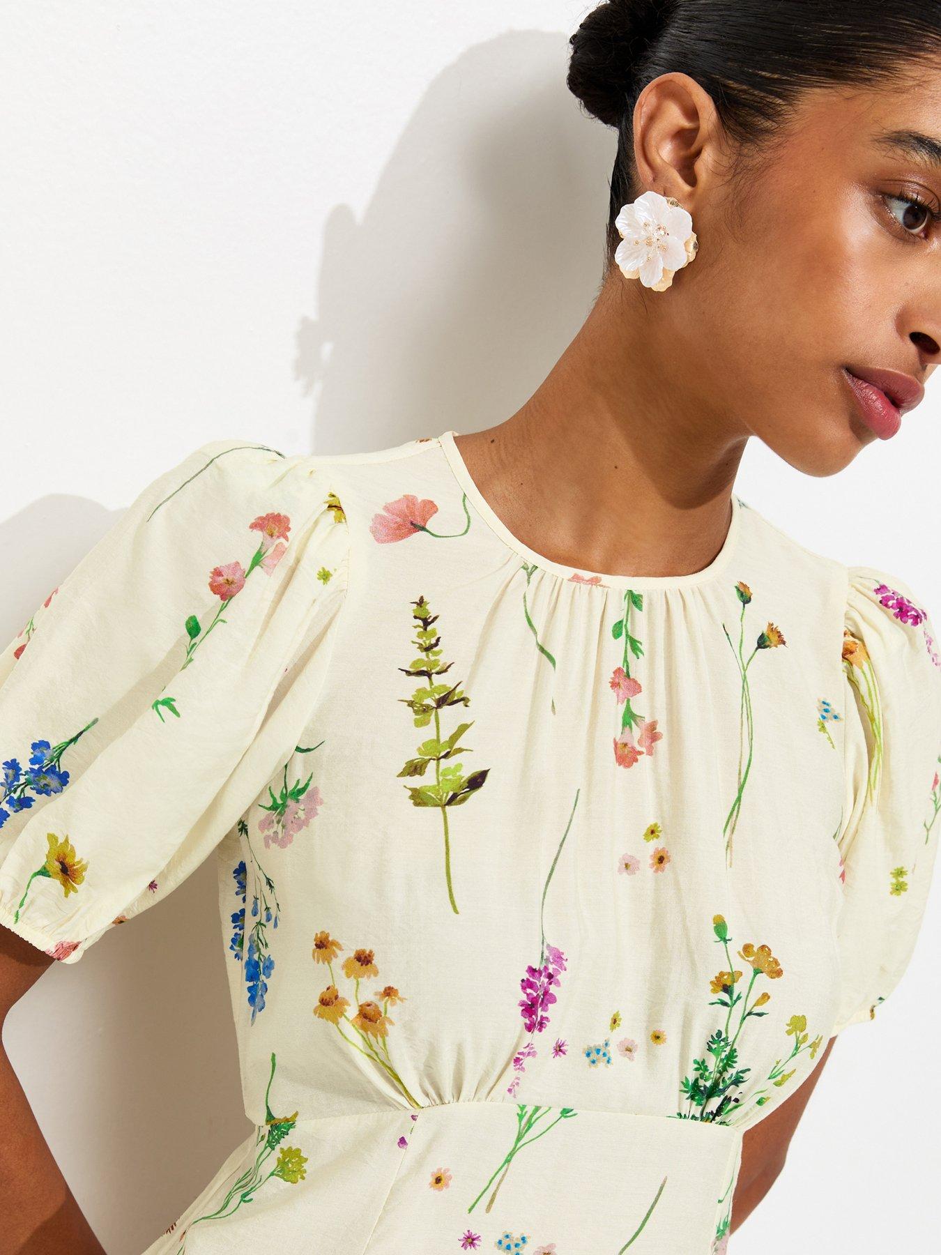 Image 4 of 5 of New Look Botanical Floral Print Midi Dress - Cream