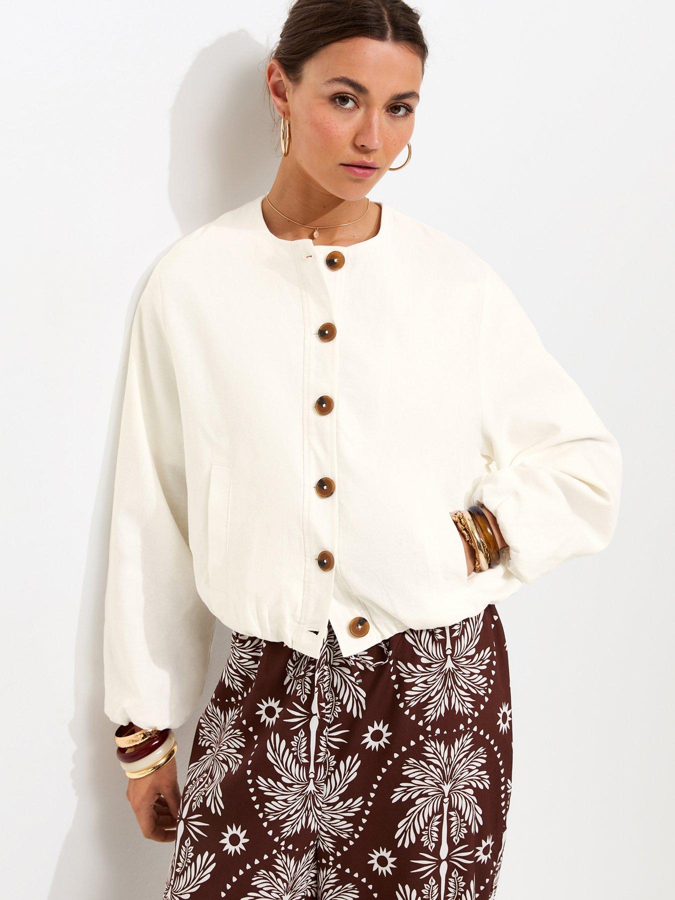 New Look Linen Blend Button Through Bomber Jacket - White