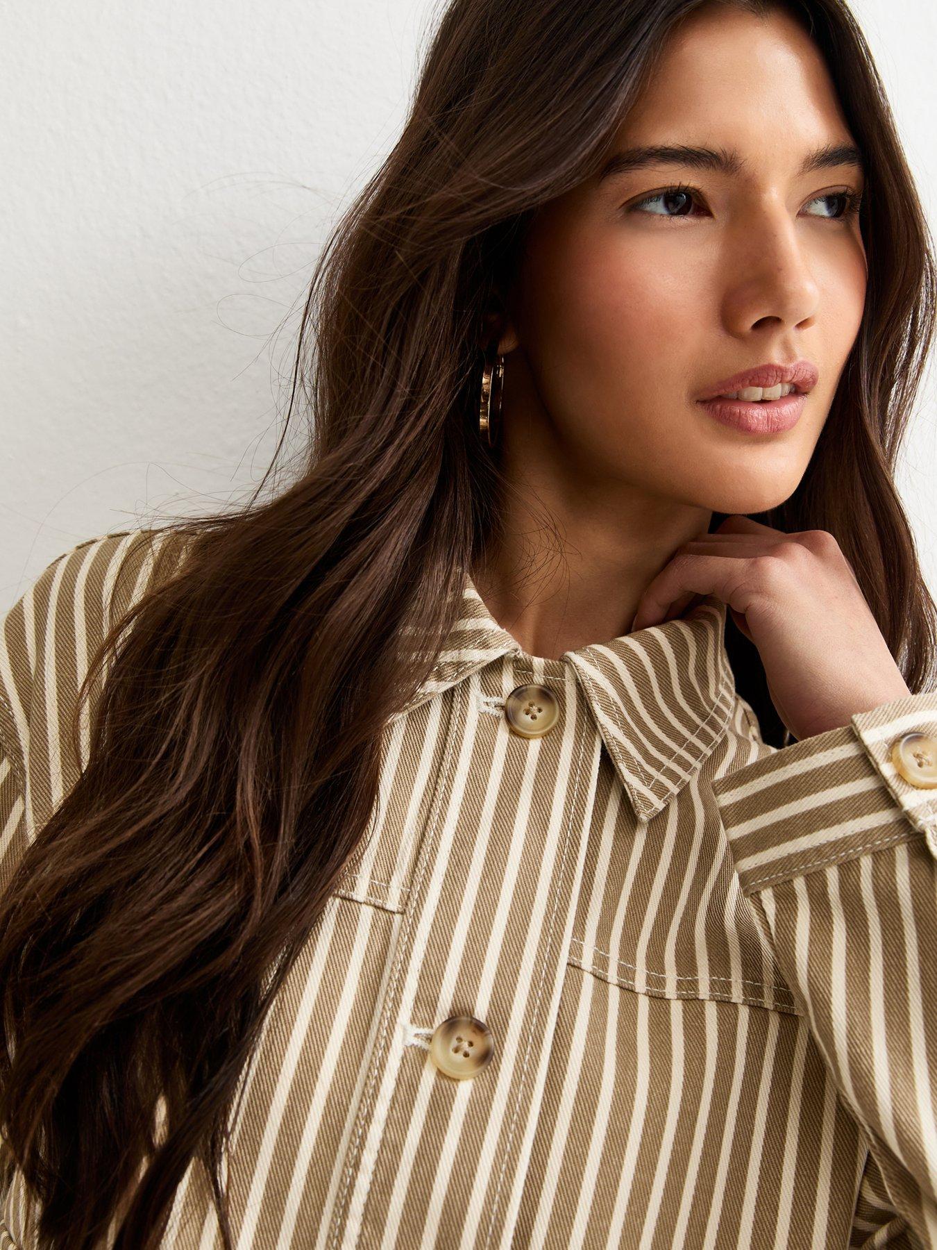  image of new-look-twill-cropped-pinstripe-shacket-light-brown