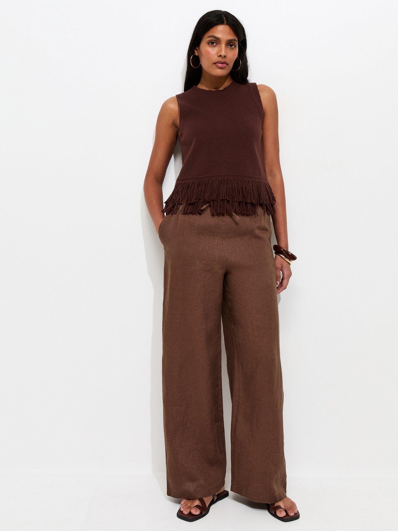 New Look Linen Wide Leg Trousers - Dark Brown